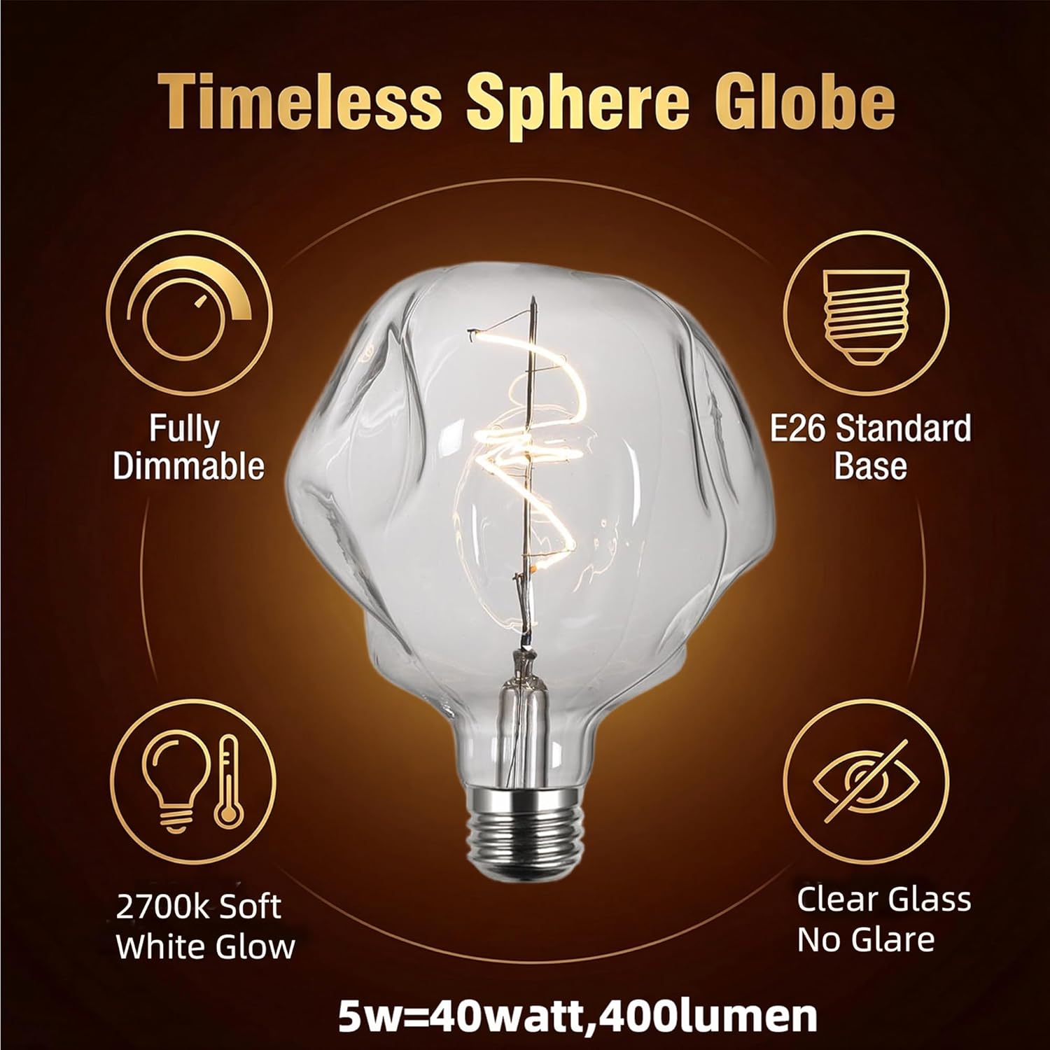 G125 Large Globe Dimmable LED Edison Bulb,2700K Soft WhiteClear Glass,Vintage Oversized Alien ShapeDecorative E26Light Bulb,5watt 400LM Giant Big Bulbs For Bedroom Living Room Pendant Table Lamp 2Pack