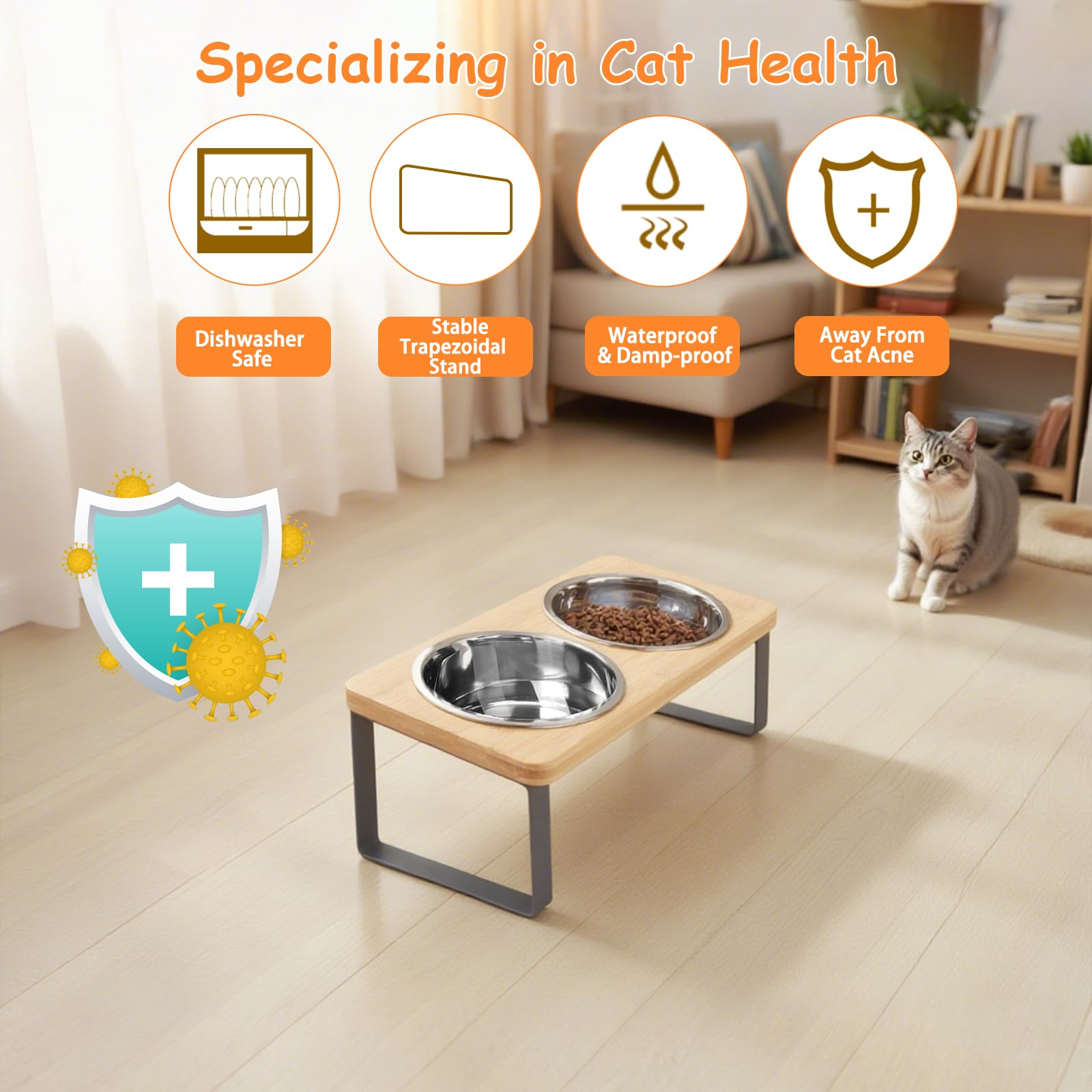Cuencos elevados para gatos, soporte elevado para gatos con cuencos de acero inoxidable de 16 onzas, comedero antideslizante para gatos y cachorros, cuencos elevados inclinados de 15° para mascotas,