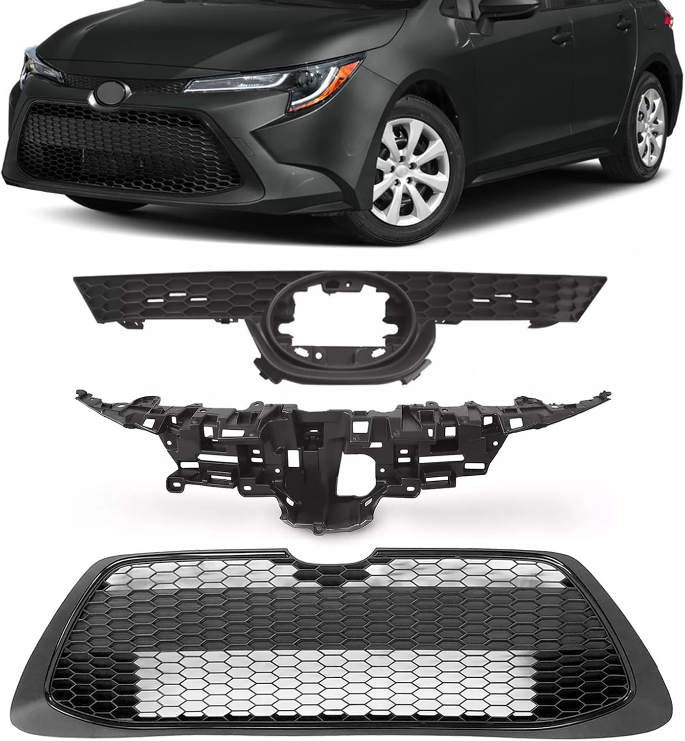 Front Upper & Lower Grill + Inner Grille Mounting Panel Bracket Fit For 2020 2021 2022 Toyota Corolla L LE XLE Front Bumper Grille Body Kit Replacement