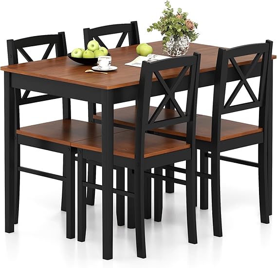 Giantex 5-Piece Dining Table Set for 4, Rectangular Kitchen Table & 4 Chairs with Rubber Wood Legs, Cross Backrest, Space-Saving Mid Century Modern Dinette Set for Dining Room, Breakfast Nook, Dinner