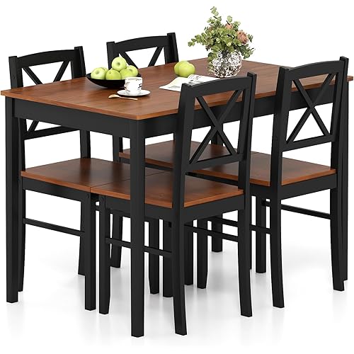 Giantex 5-Piece Dining Table Set for 4, Rectangular Kitchen Table & 4 Chairs with Rubber Wood Legs, Cross Backrest, Space-Saving Mid Century Modern Dinette Set for Dining Room, Breakfast Nook, Dinner
