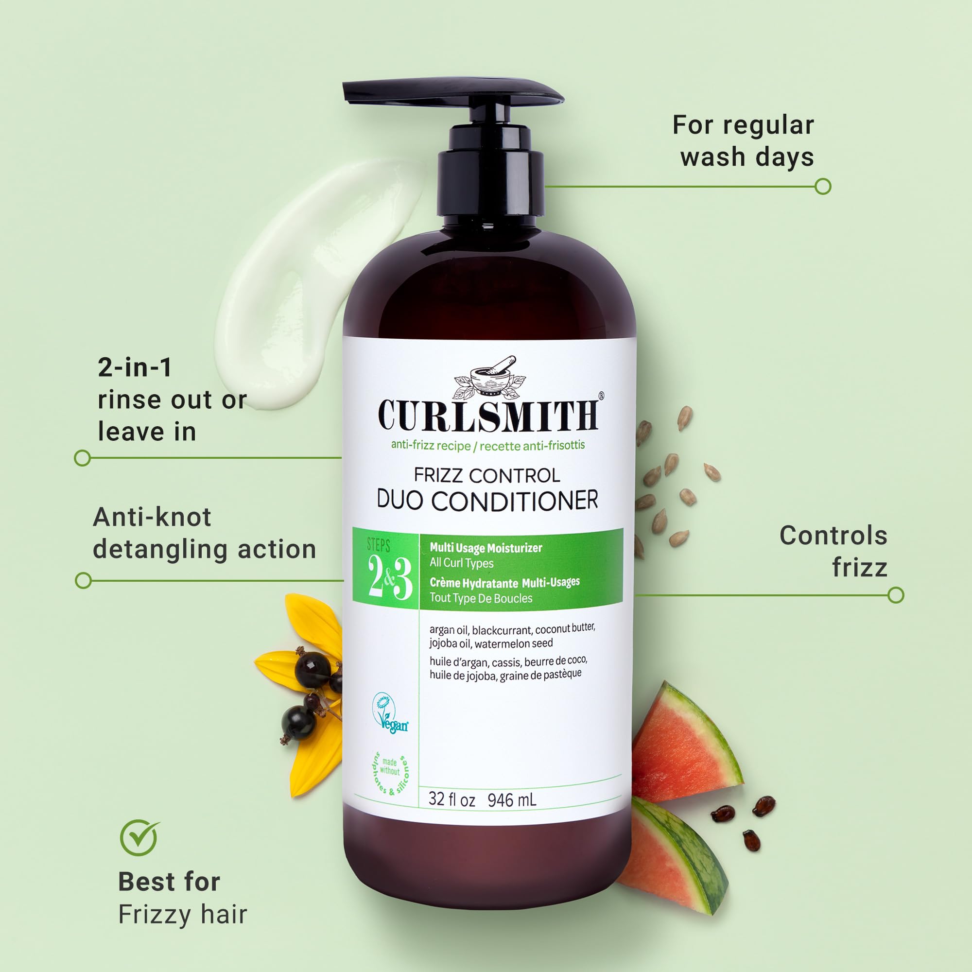 Curlsmith Frizz Control Duo Conditioner | Feuchtigkeitsspendender Anti-Frizz Conditioner & nährender Leave-In zur Frizz-Kontrolle, Alle Lockentypen, Vegan, 946 ml