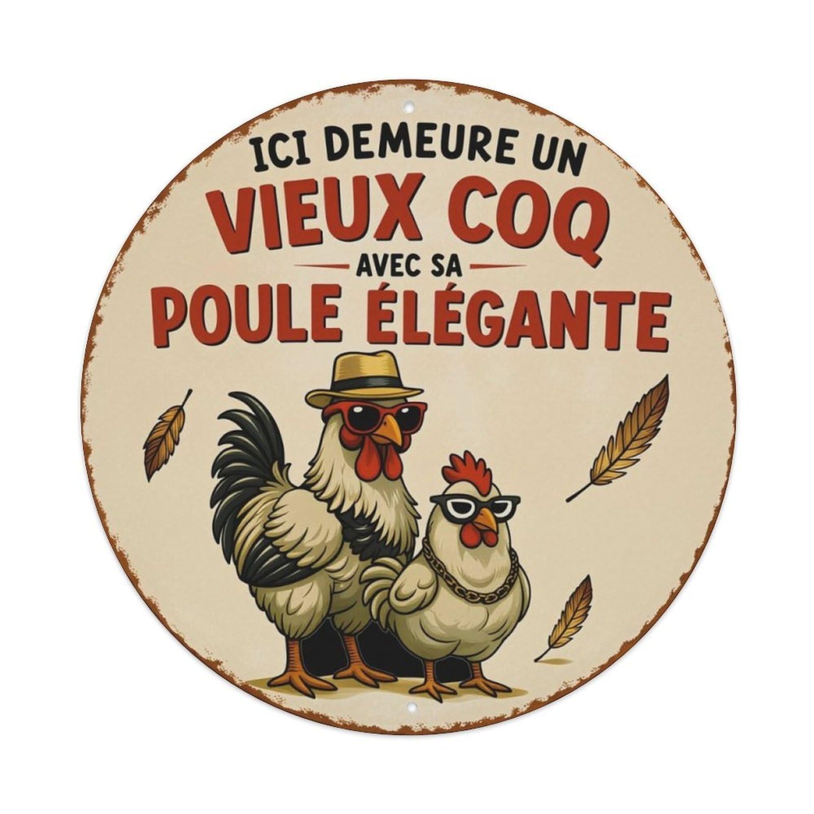 Vintage French Cool Sunglass Rooster Hen Farm Round Metal Sign Vintage Aluminium Metal Sign, Retro Wall Decor for Home, Bar, Garage & Farmhouse 20x20cm