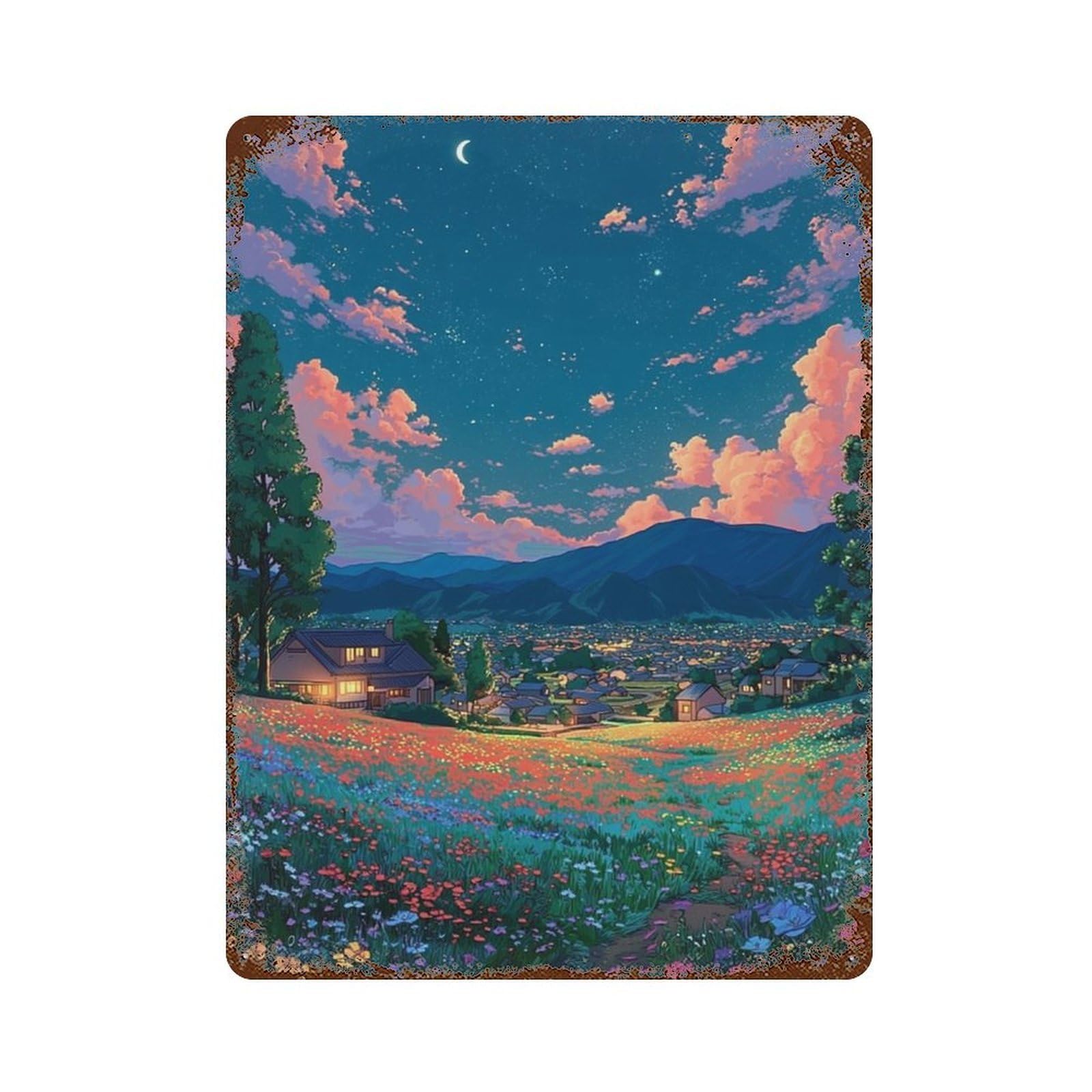 Serene Night Village Landscape Rust Effect Tin Sign 15.7"x11.8", Rustic Home Decor for Garage, Pub Or Kitchen