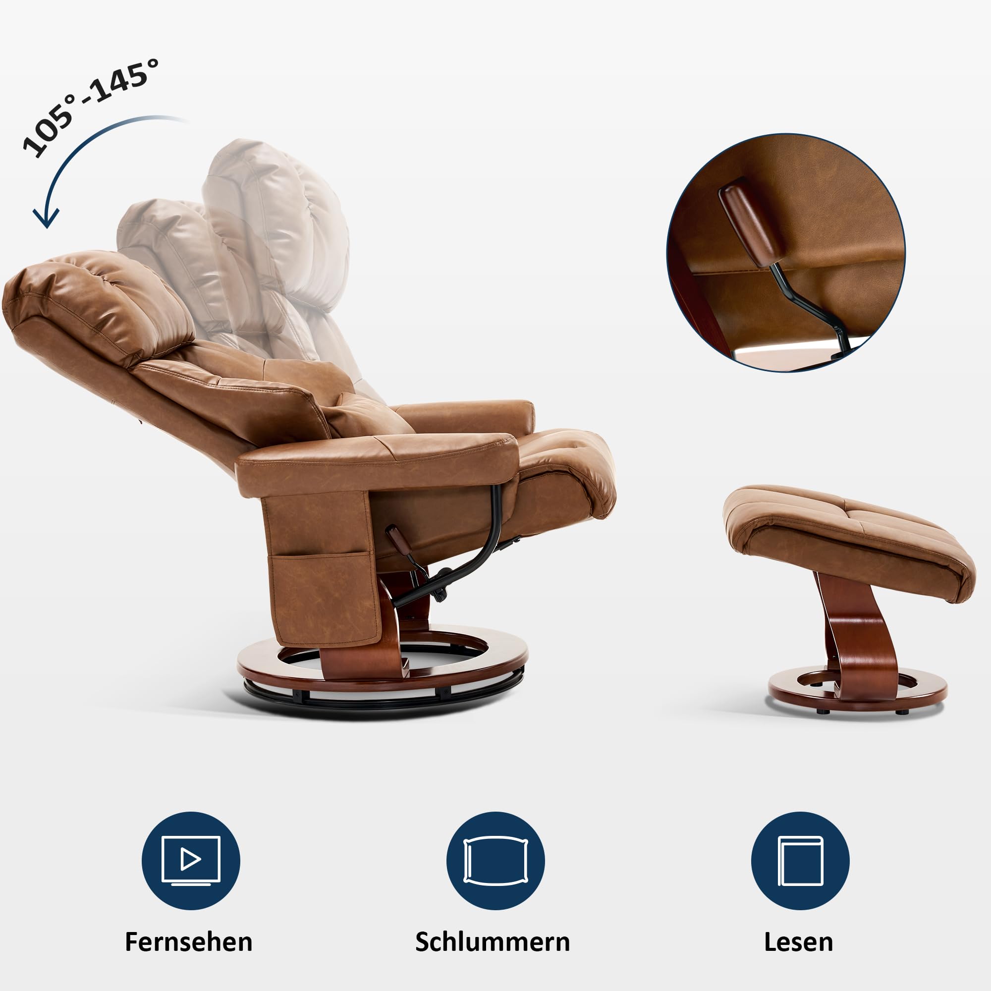 M MCombo Sillón de Relax con Taburete, Giratorio 360°, con función reclinable, soporta hasta 120 kg, sillón Moderno para el salón, 9066 (Piel sintética, marrón)