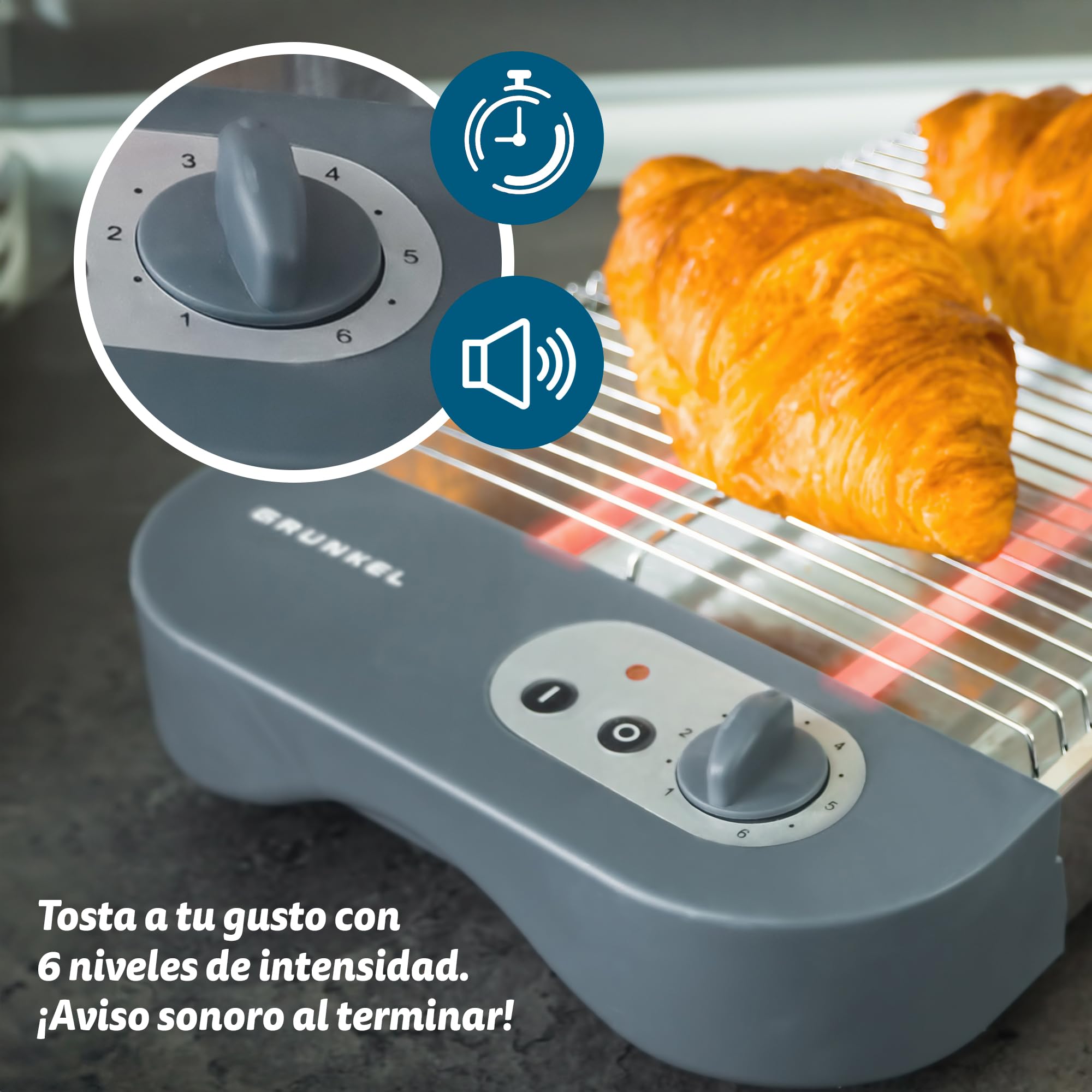 Grunkel - Tostadora de pan plana para 4 rebanadas de 600w con 6 niveles de temporizador y señal acústica de finalización. Incluye bandeja recogemigas extraíble (Básico)
