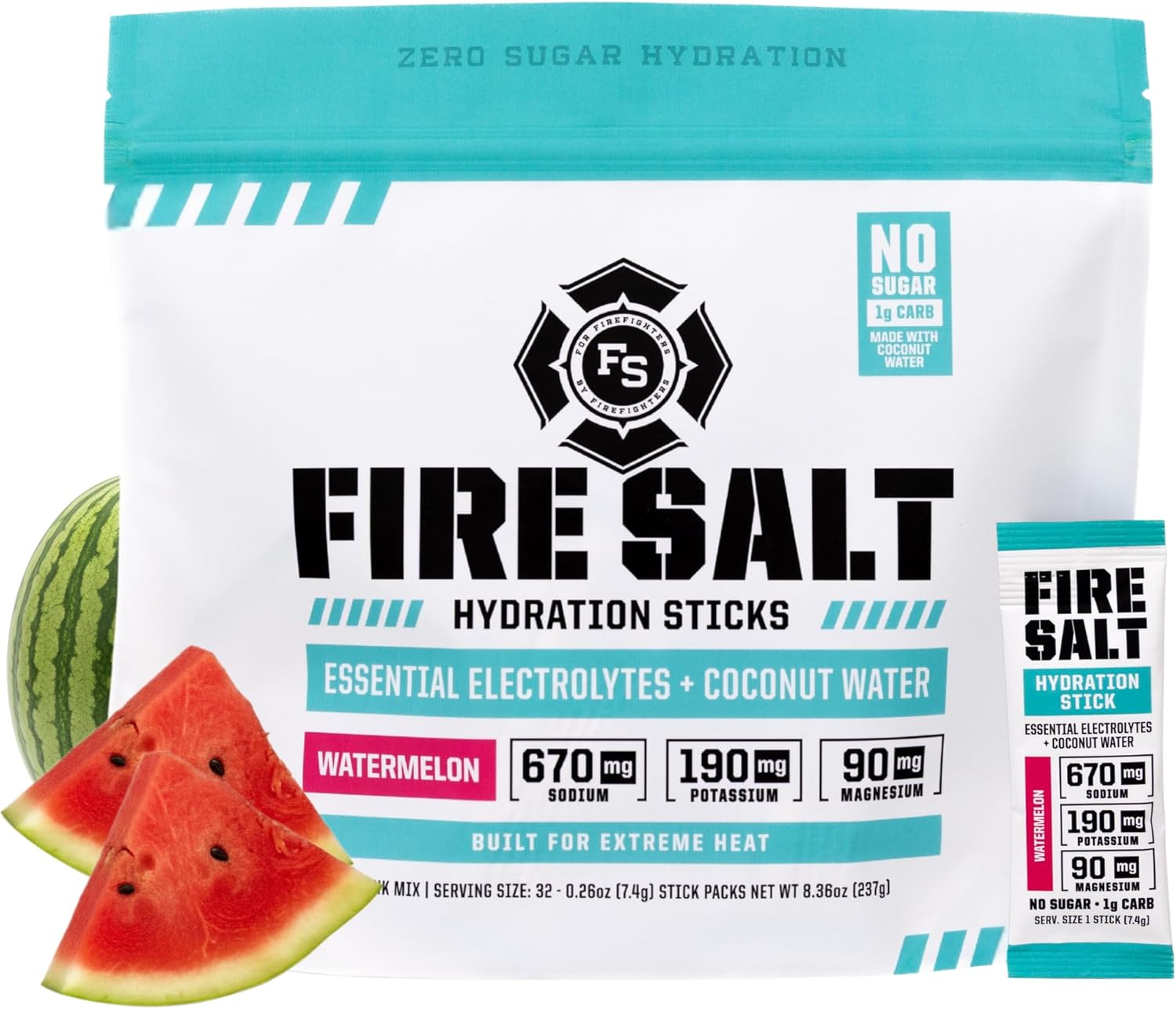 Fire Salt Hydration Sticks - Electrolyte Drink Mix, Watermelon, 32 Count