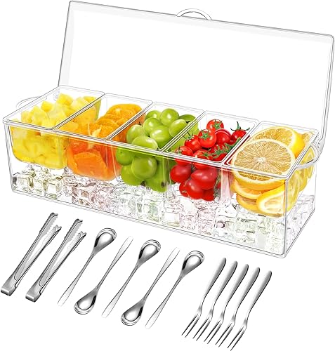 5 Compartment Condiment Server, Ice Chilled Condiment Containers with Lid, Clear Condiment Caddy Serving Tray on Ice with 5 Serving Spoons 5 Fruit