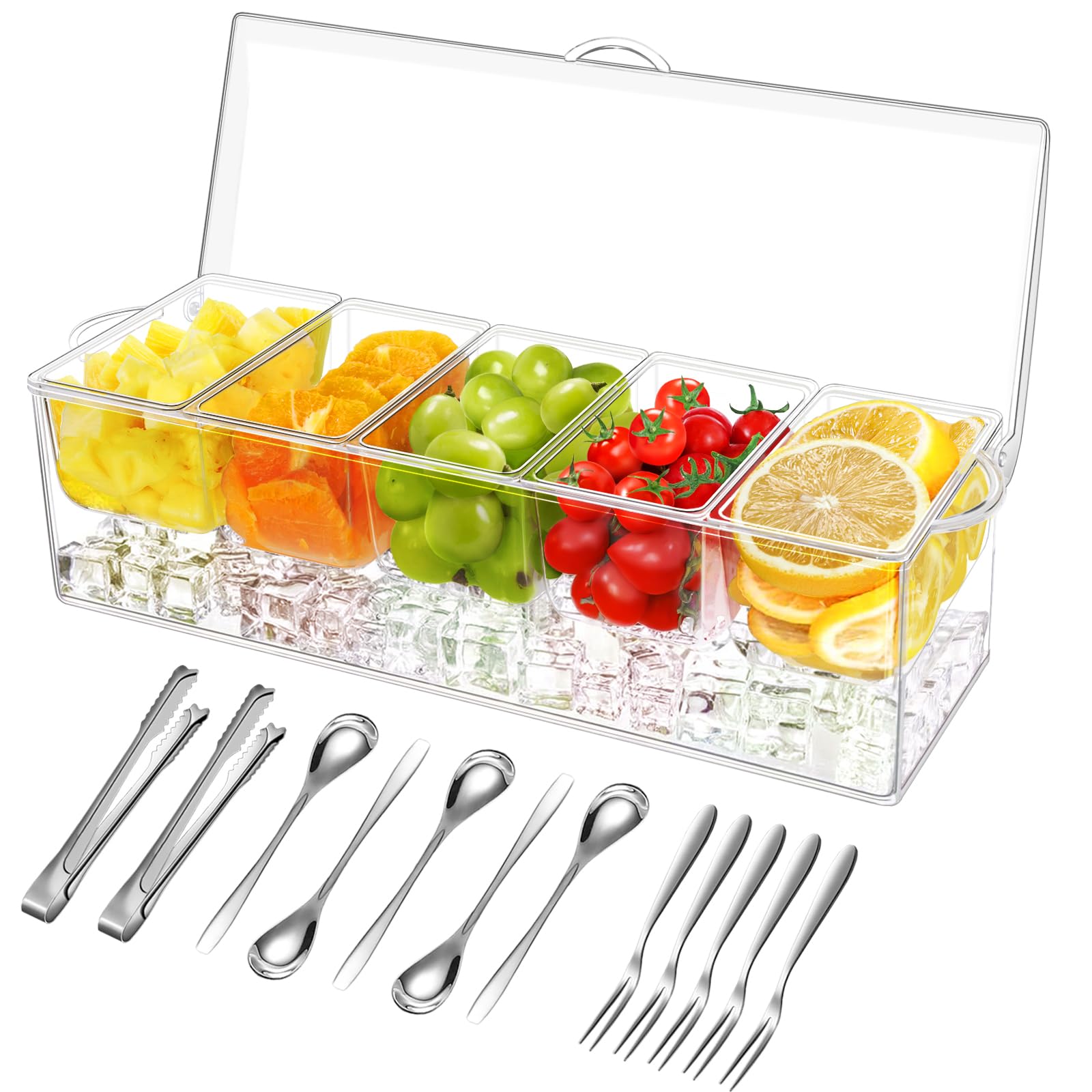 Fodiens Transparent 5 Compartment Condiment Server, Ice Chilled Condiment Containers With Lid, Clear Condiment Caddy Serving Tray On Ice With 5 Serving Spoons 5 Fruit Forks 2 Serving Tongs