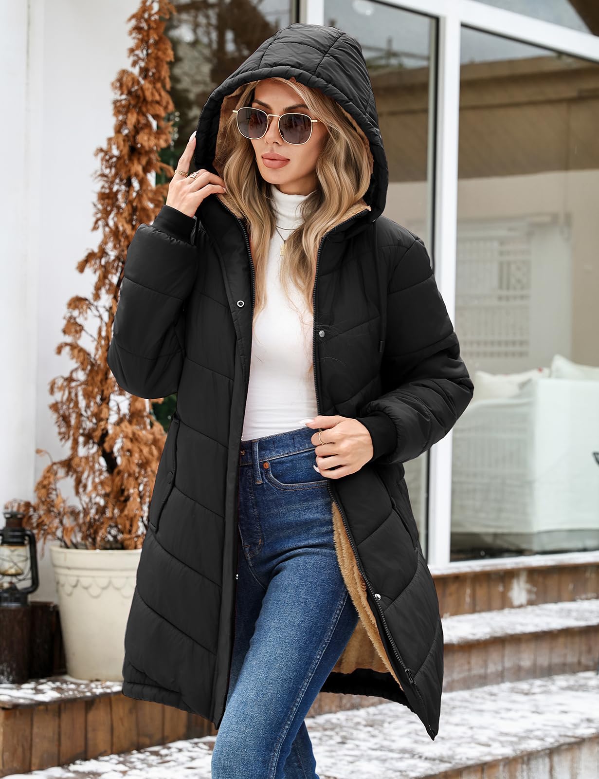 Winterjacke Damen Lang Fleece Gefüttert Steppmantel mit Kapuze Warm Parka Damen-Jacken Puffer Mantel Herbst Winter Hooded Jacket Kapuzenjacke Wintermantel mit Taschen