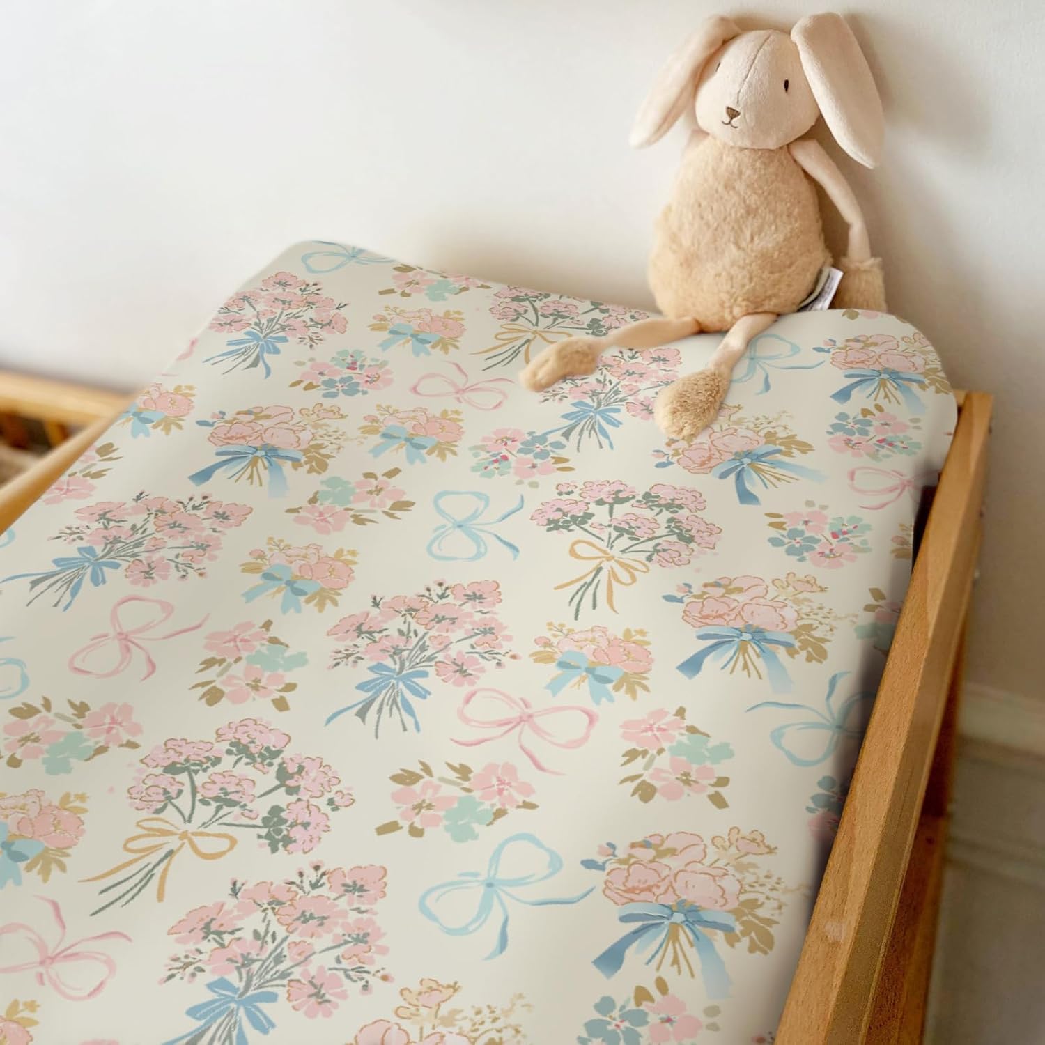 Pastel Floral Bows Baby Changing Pad Covers for Boys Girls Preppy Floral Pink Blue Bows Fitted Change Table Covers Mats Boho Flowers Spring Garden Soft Diaper Changing Table Sheets 32''×16''