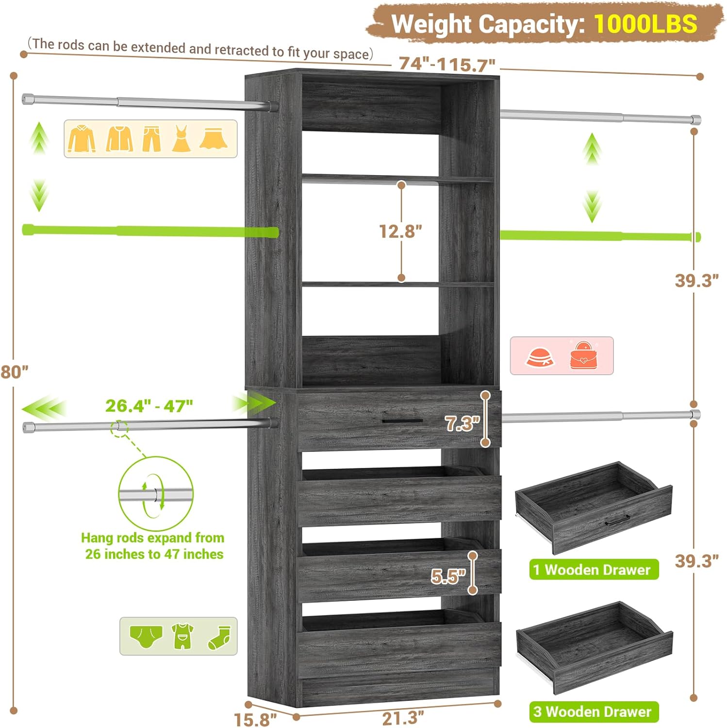 Diagram showing dimensions and weight capacity of the Aheaplus Closet System