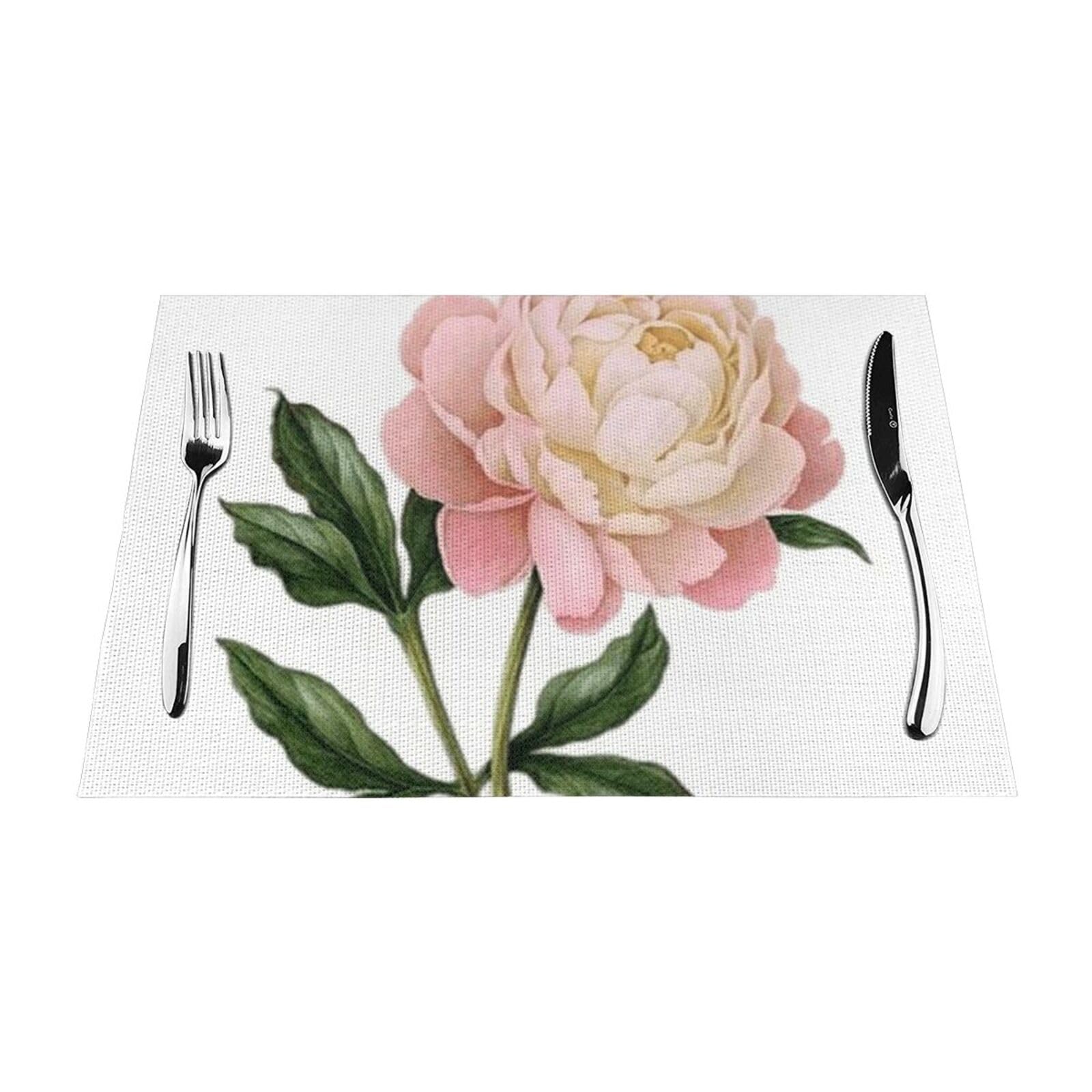 PVC Placemat Set of 4 PCS, 45x30 CM, Peony Printed Non-Slip Heat Resistant Place Mats for Kitchen Dining Table Indoor Outdoor