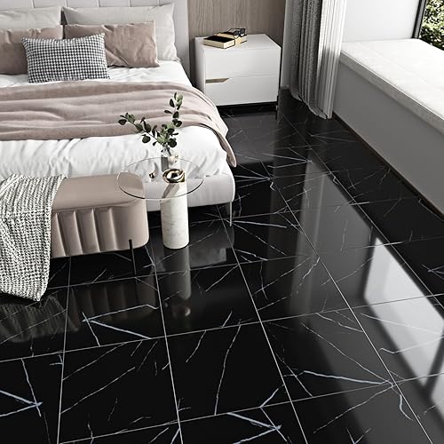 Miniatura 3 de WESTICK 20 azulejos de vinilo para baño, despegar y pegar, color negro, autoadhesivos, azulejos de cocina, suelos laminados de linóleo impermeables