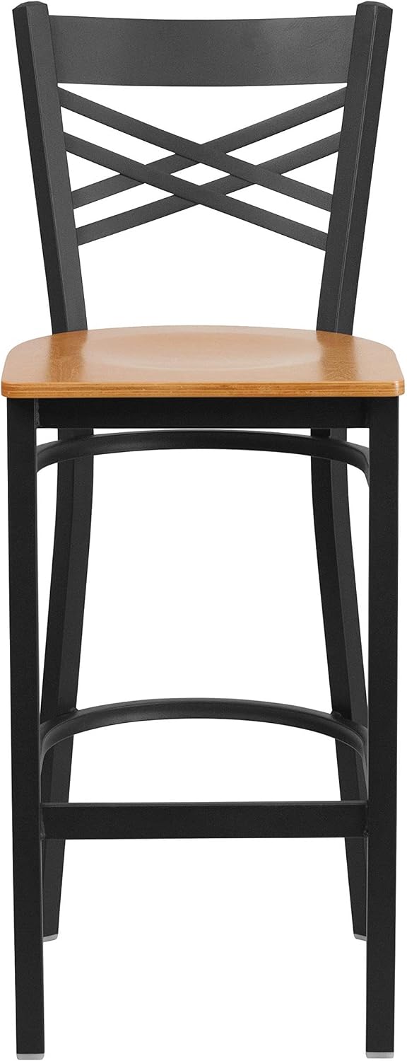 BOWERY HILL Metal Restaurant Bar Stool, 42 in Tall, Black Powder Coated Steel Frame, Natural Wood Seat, X-Back Design, Footrest, Plastic Floor Glides, Durable Seating for Commercial or Home Use