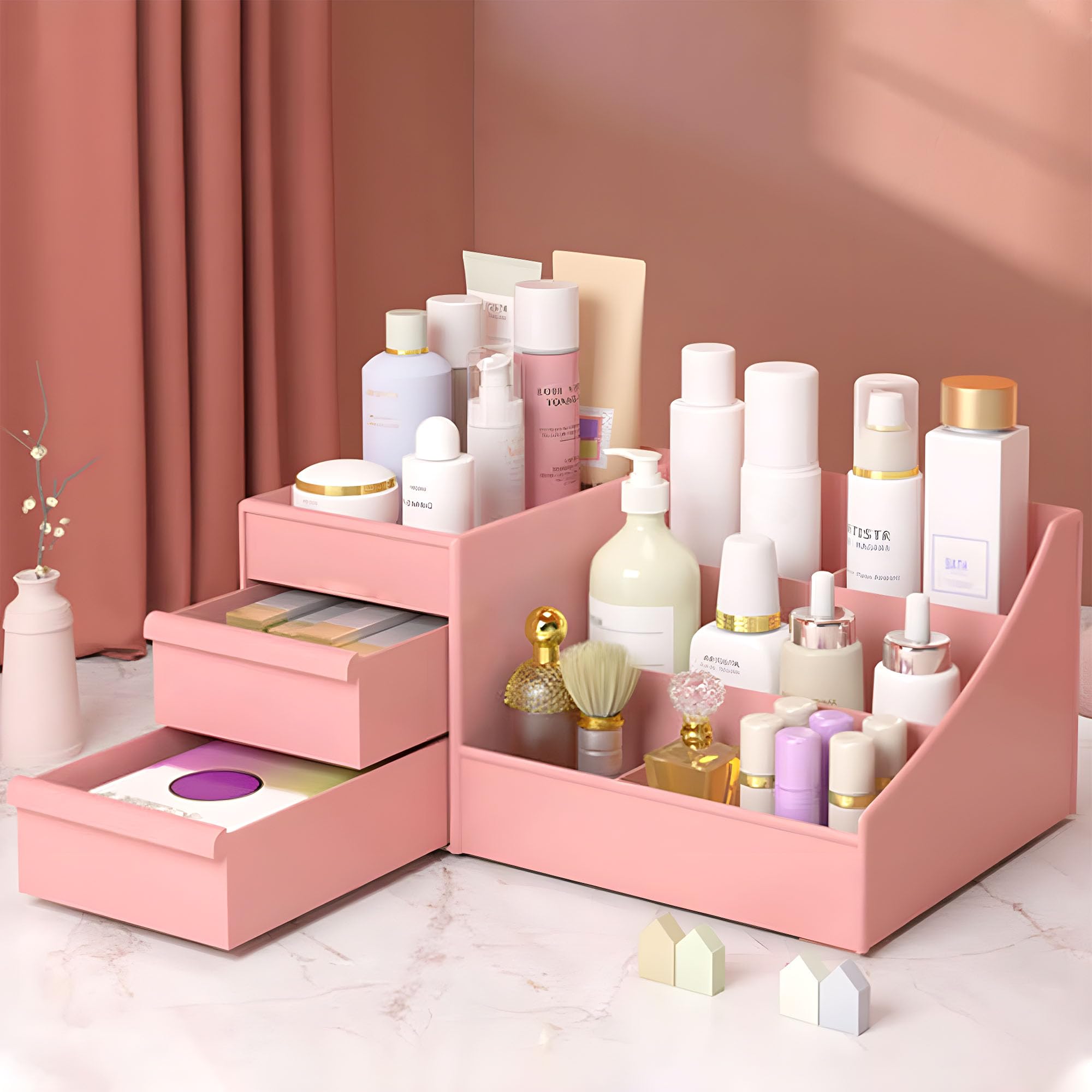 kuber industries multipurpose plastic drawer storage organizer | aesthetic desk stationary item & jewellery holder for home & office | spacious cosmetic organizer shelf for women | peach