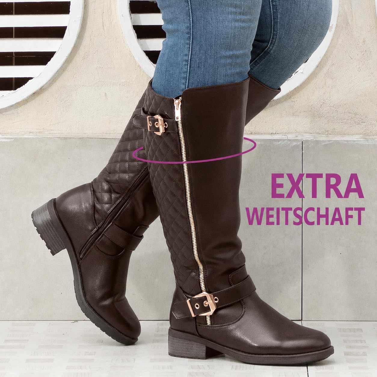 Damen-Reitstiefel mit extra breiter Wade, kniehoch, Retro-Doppelschnalle, schicker Stil, Herbststiefel