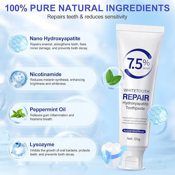 Hydroxyapatite Toothpaste Protects Enamel, Strengthens Teeth, Deeply Cleans and Promotes Oral Health with a Refreshing Mint Flavor.