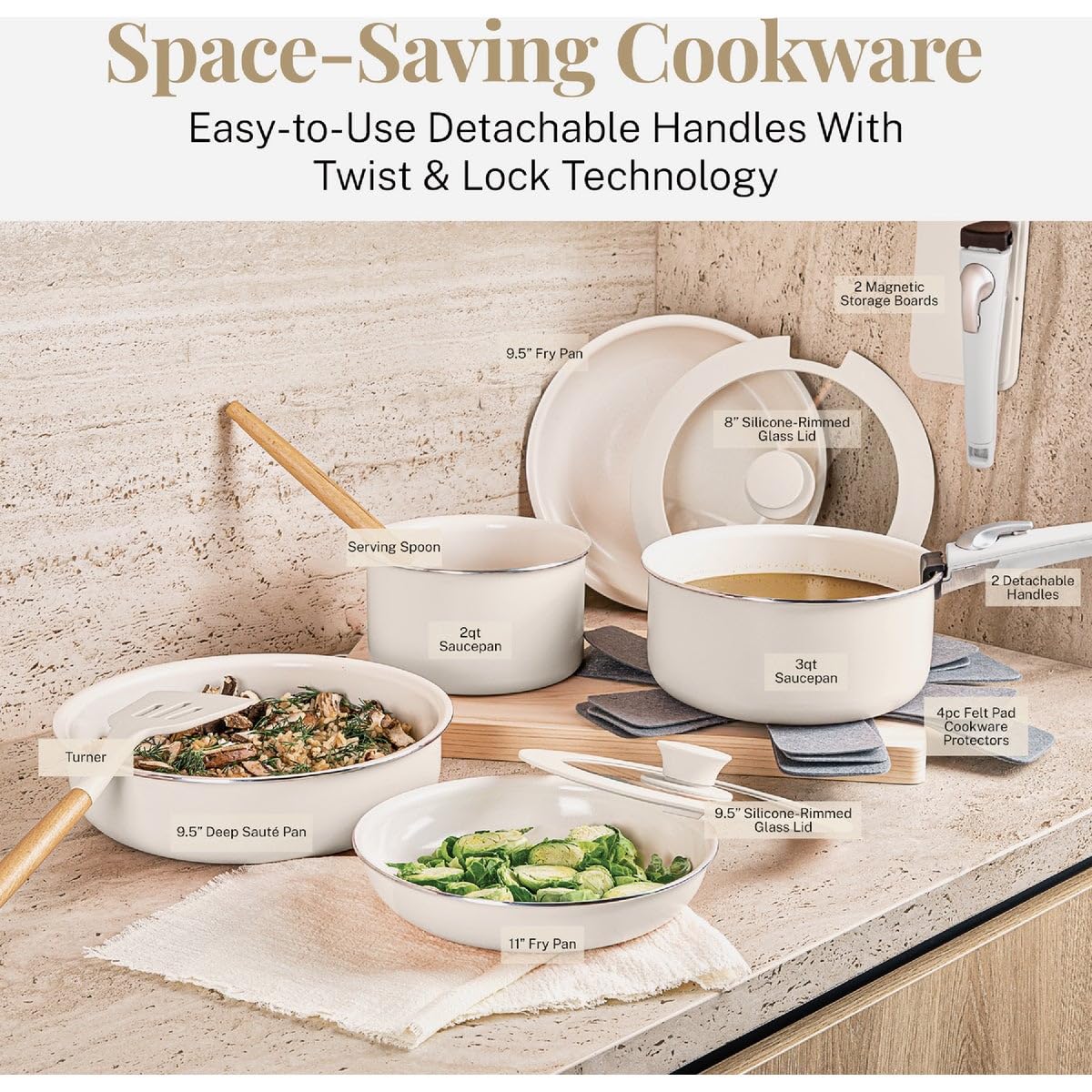 Gotham Steel 18 Pc Removeable Handle Pots and Pans Set Non Stick, Kitchen Cookware Sets, Ceramic Cookware Set, Non Toxic Cookware Set, Non Stick Pots and Pan Set, Dishwasher Safe - Cream