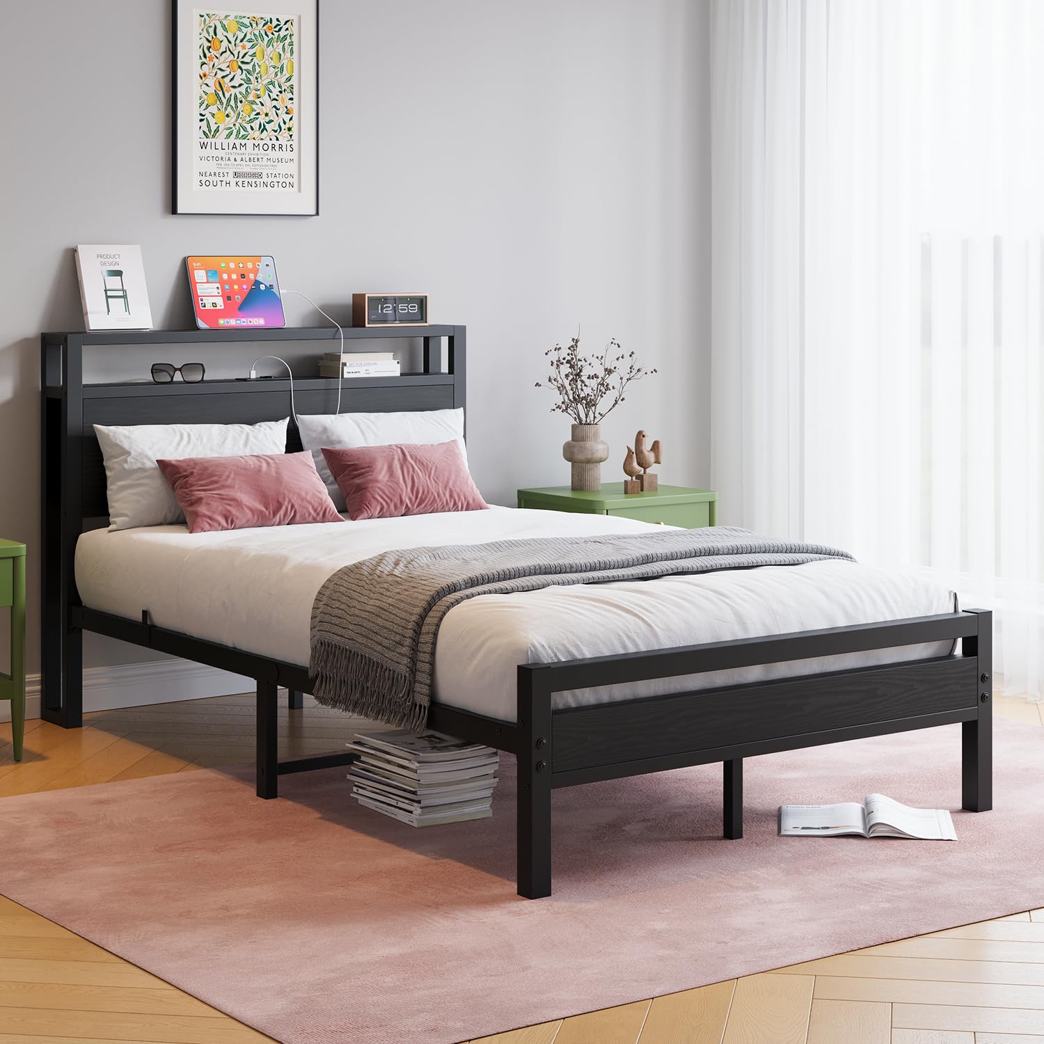 HOJINLINERO Telaio letto in metallo 120 x 200 cm, con rete a doghe e funzione di ricarica USB, letto moderno per gli ospiti, 120 x 200 cm, con testiera, telaio in metallo e legno, per camera da letto