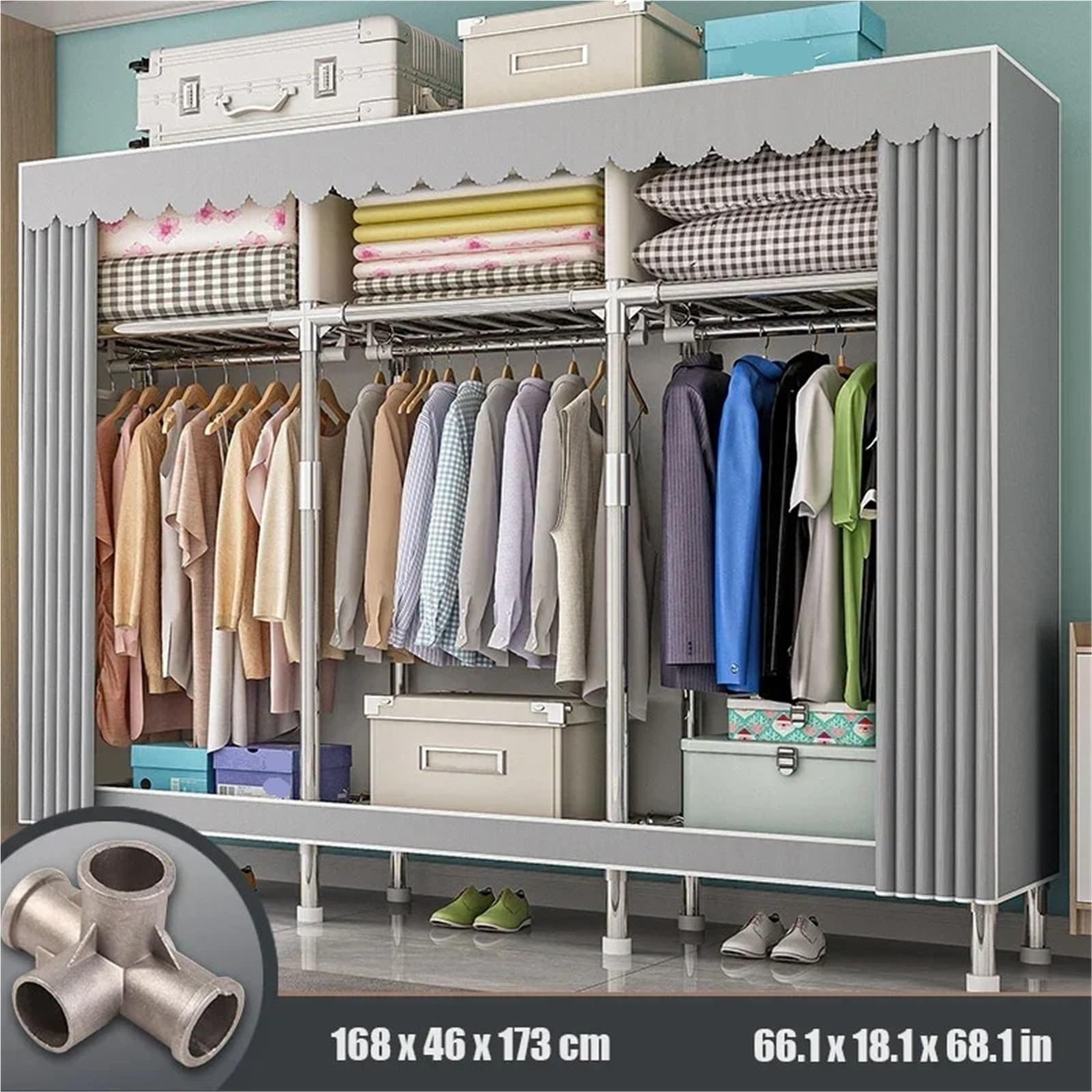Leinwand-Kleiderschrank Einfacher Kleiderschrank Einfachheit Kleiderschränke Oxford-Stoff Wasserdichter Schrank Schlafzimmer Kleidung Aufbewahrungsschrank Platzsparender Organizer(168x46x173cm)