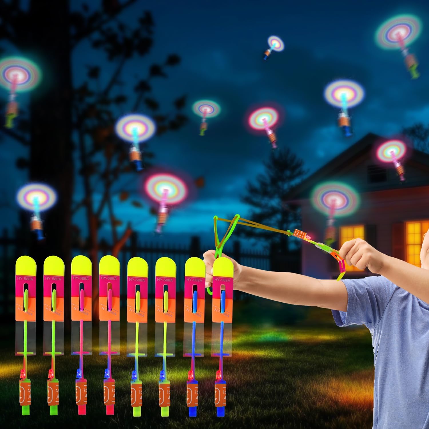 M.best 48Sets LED Outdoor Flying Toys Set, LED Flying Helicopter Toys for Kids with Flashing Lights, Flying Toy Outdoor Toys Glow in The Dark Party Supplies Party Favors for Kids 4-12