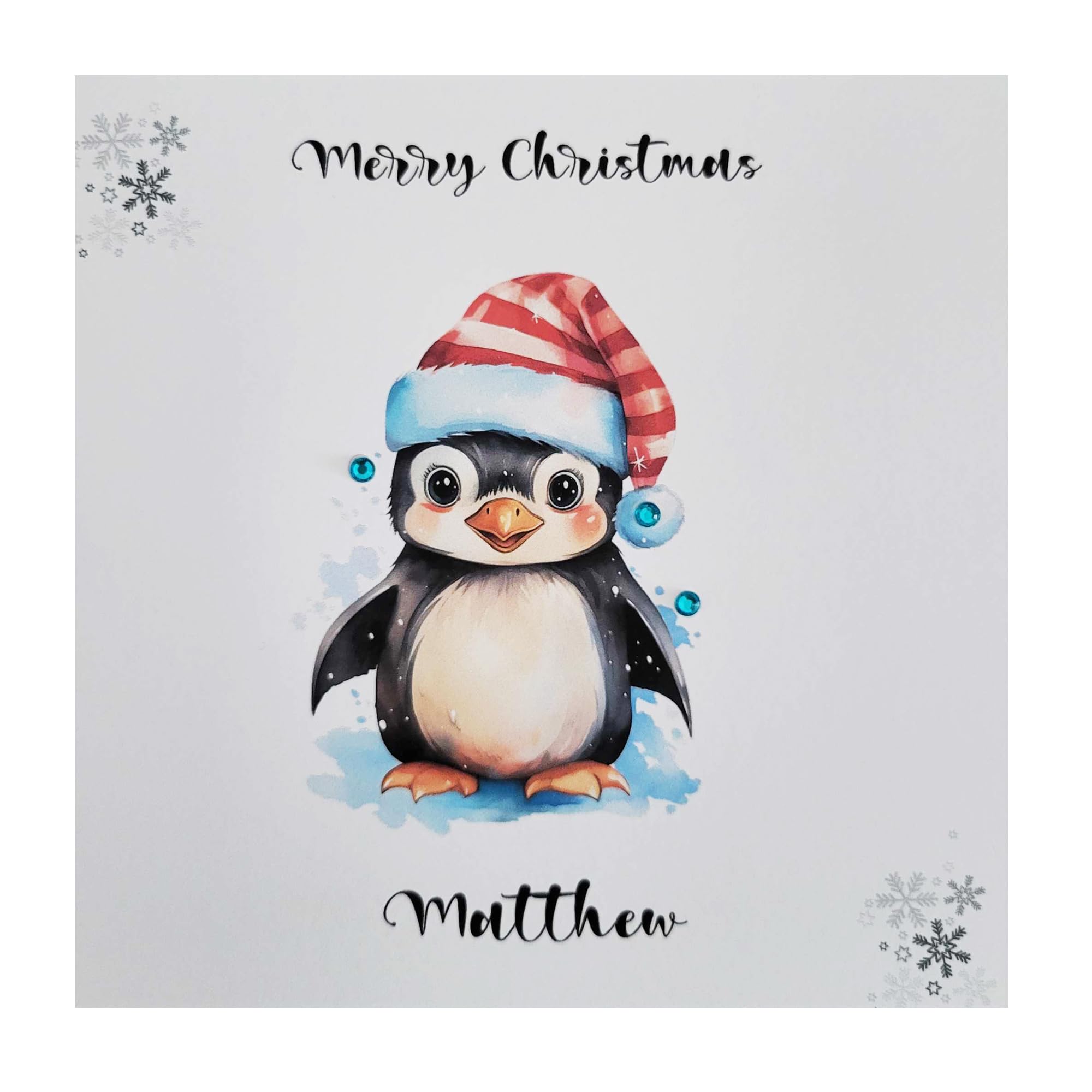 PERSONALISED PENGUIN CHRISTMAS GREETING CARD. Handmade Festive Xmas Card. Merry Christmas Card Ideal for Children Adults Babies Granddaughter Grandson Son Daughter. Santa FREE POSTAGE.
