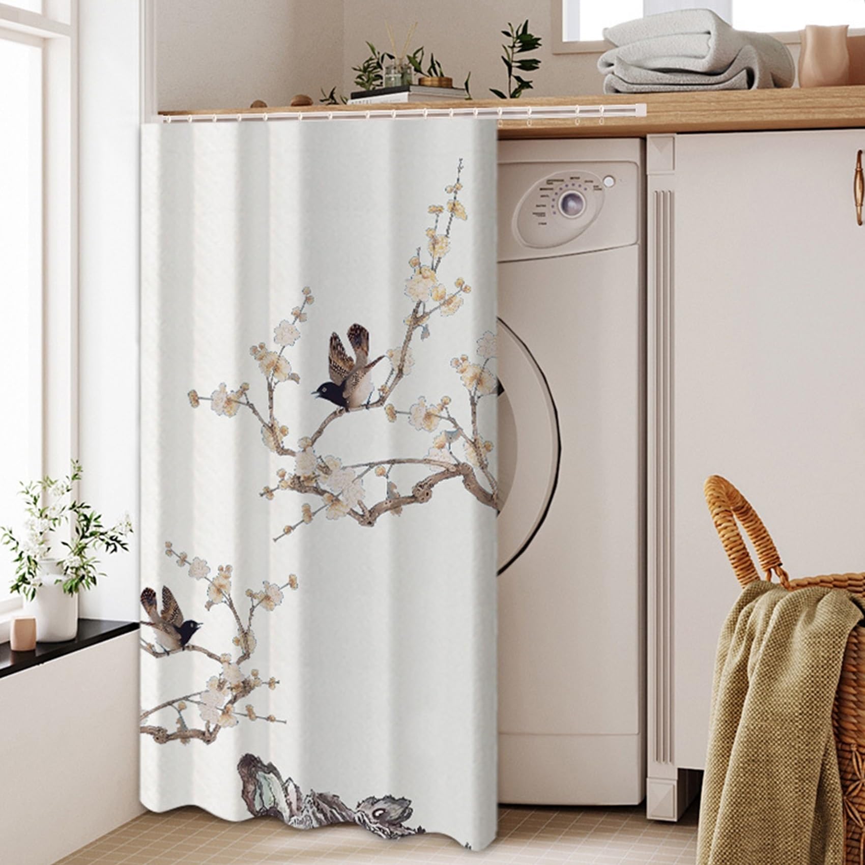 GUOIOOI Dishwasher Curtain,No Drill Silent Curtain for Washing Machine,Waterproof Privacy Hanging Blind with Ink Wash Floral Print for Laundry Area Under Sink(Light brown,W65*H90cm)