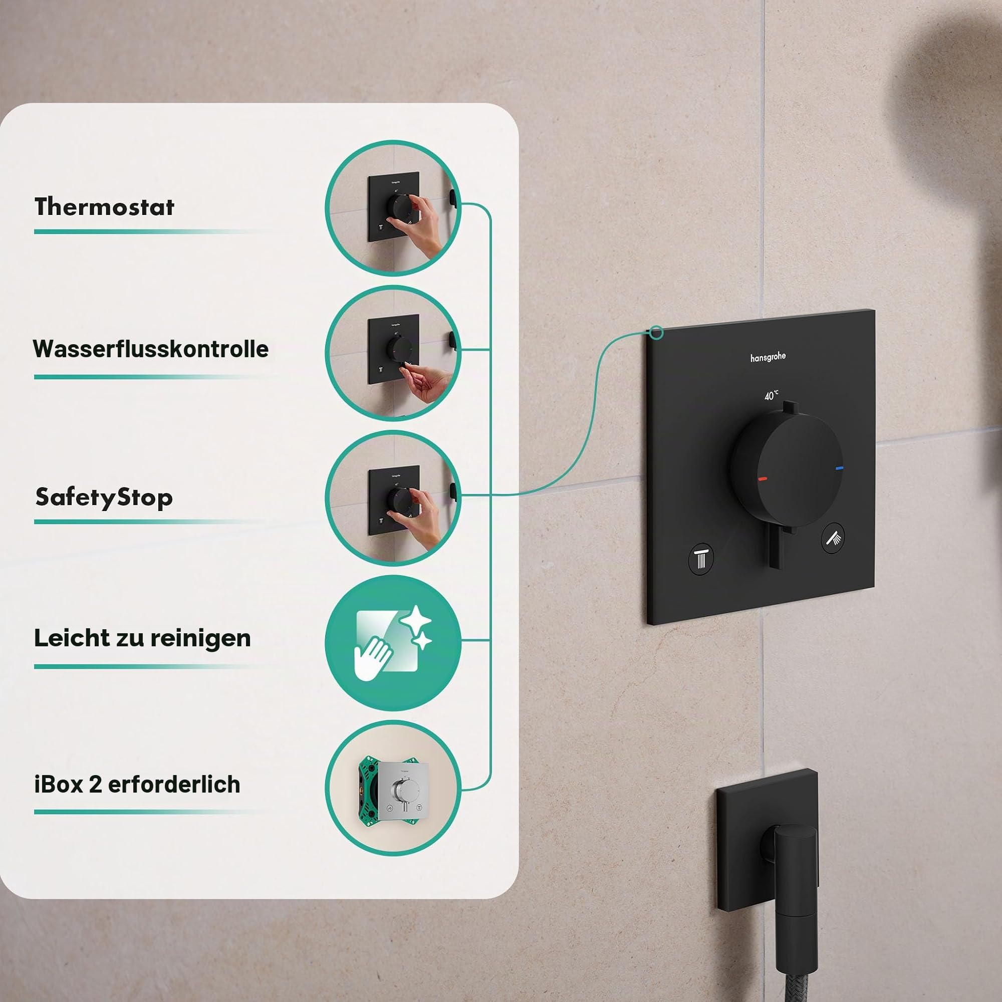 hansgrohe Ecostat Comfort E - Duschthermostat Unterputz, Duscharmatur mit Sicherheitssperre (SafetyStop) bei 40° C, Thermostat für die Dusche, Mischbatterie für 2 Verbraucher, Mattschwarz, 33711670
