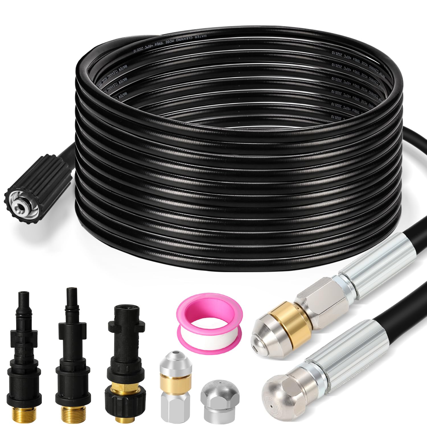 Lospitch Set di 30 m, con ugelli rigidi e rotanti, 3 adattatori, per normali idropulitrici ad alta pressione, set universale per la pulizia dei tubi