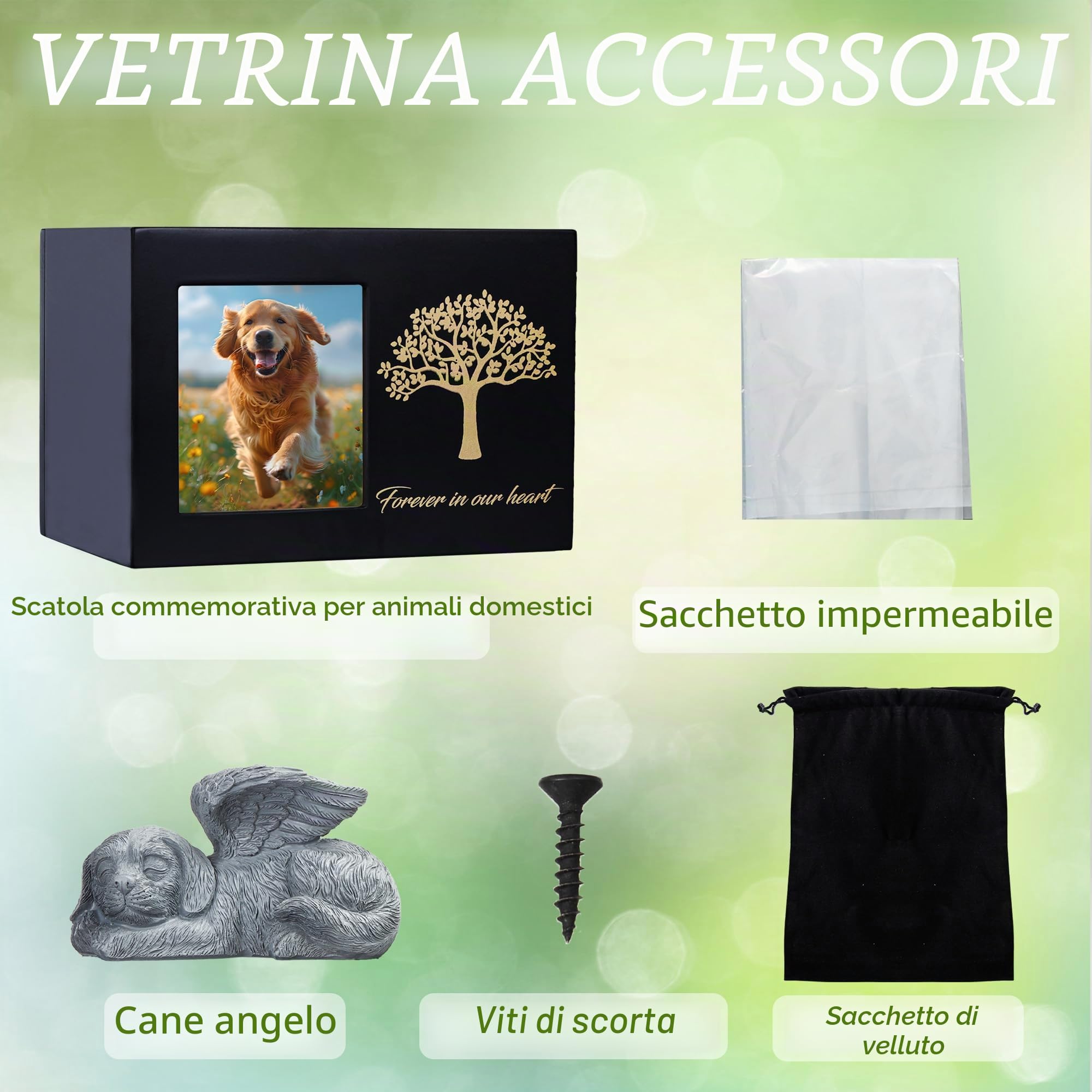 Urna per le ceneri di cane, modello di albero in legno nero con cornice per foto, scatola dei ricordi con statua di cane in resina e sacchetti sigillati per la conservazione (25kg)