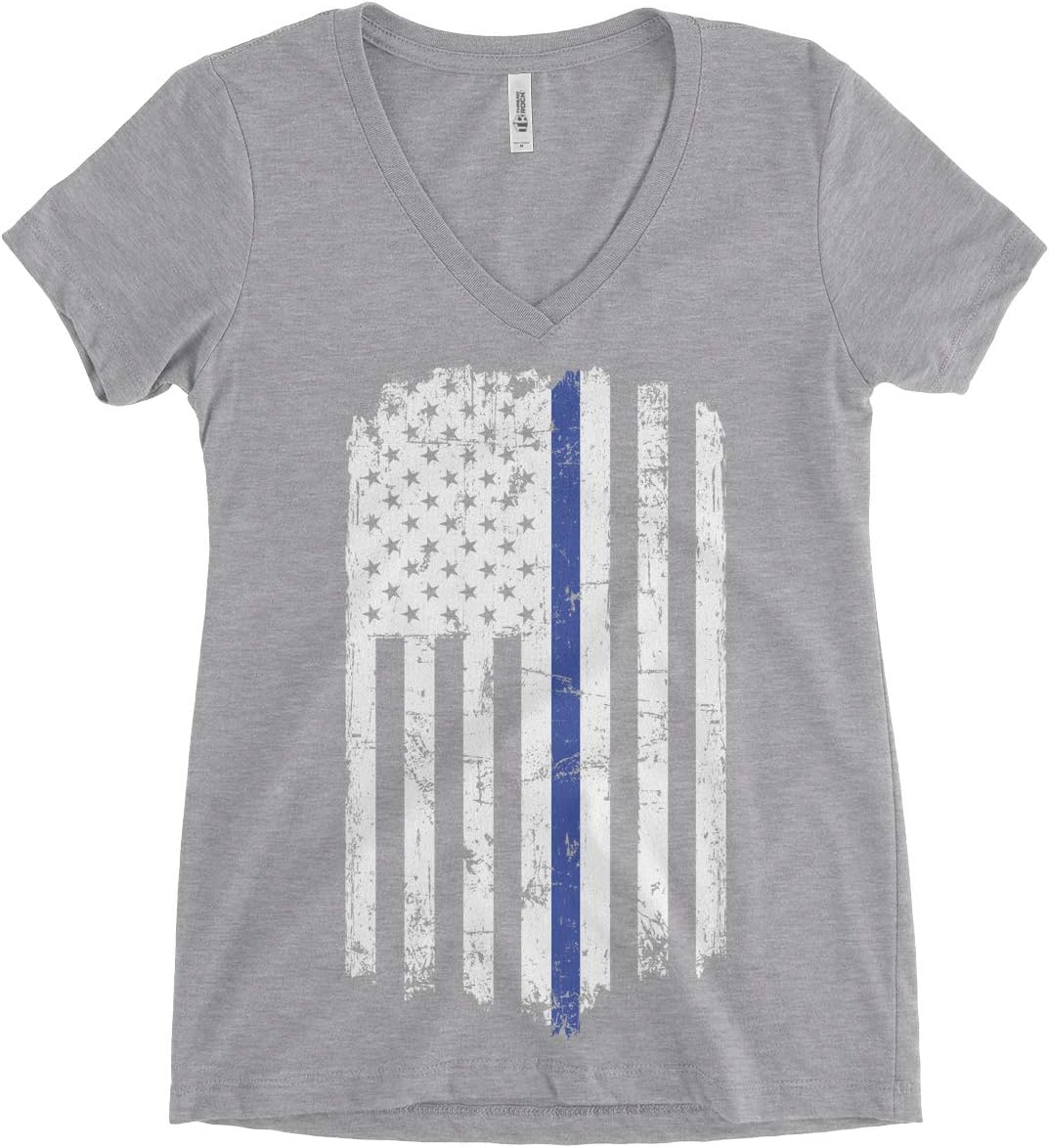 Threadrock Women's Blue Line Police American Flag V-Neck T-Shirt