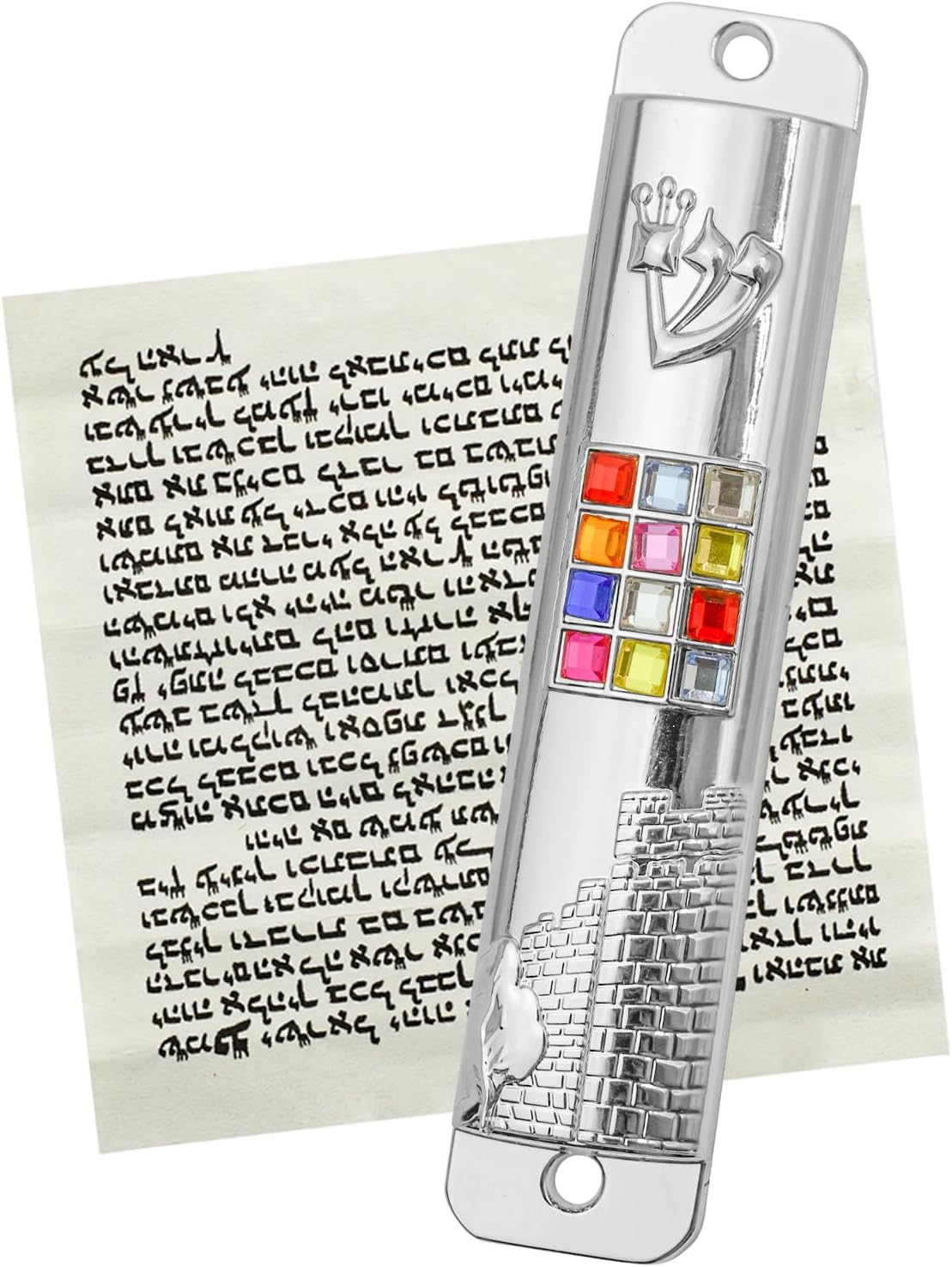 MrMrKura Mezuzah with Scroll for Door, Metal Mezuzah Case with 12 Tribes of Israel Hoshen Stones for Hebrew Home Blessing, Jewish Gifts, Jewish House Warming Decor, Christmas, Easter (Sliver)