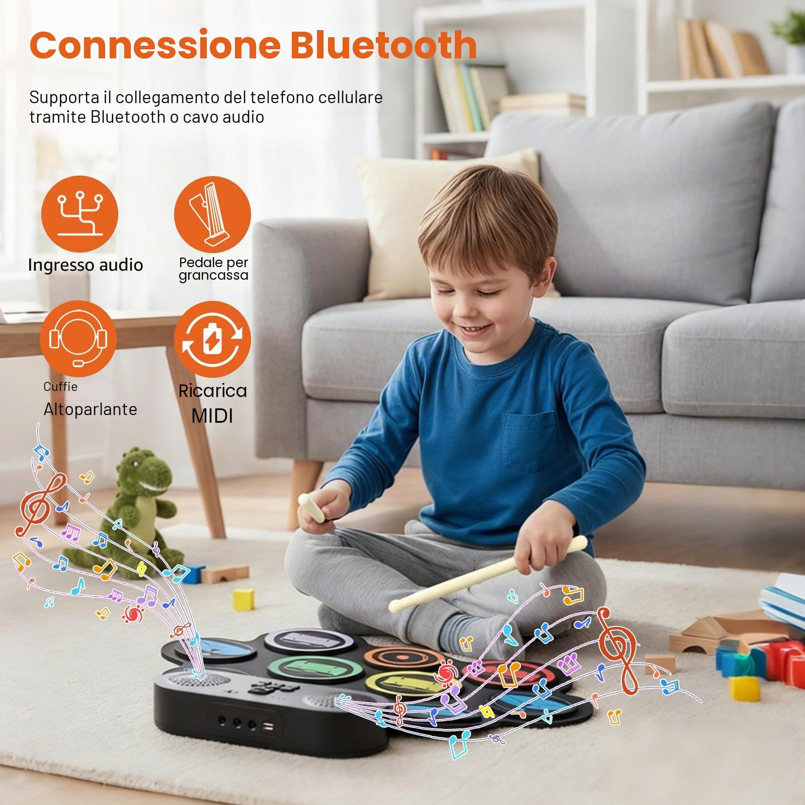 Kit di batteria elettronica Portatile con 9 Drum Pad,doppi altoparlanti stereo,Kit batteria arrotolabile con pedali e bacchette,supporto cuffie/Bluetooth/MIDI,Regalo per bambini principianti
