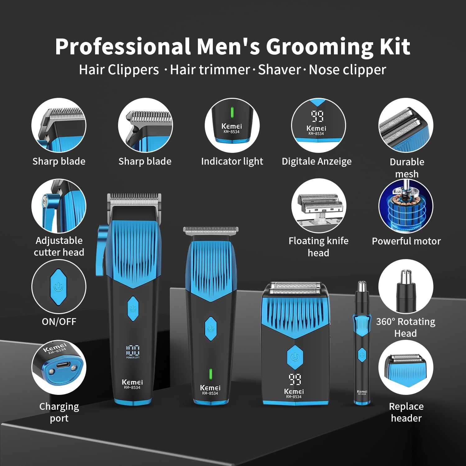 KEMEI 8534 Professional Hair Clippers Set for Men, Electric Hair Clipper Foil Shaver Beard Nose Ear Trimmer Grooming Kit, Cordless Barber Clippers Hair Cutting Kit, USB Type-C Rechargeable - Image 7