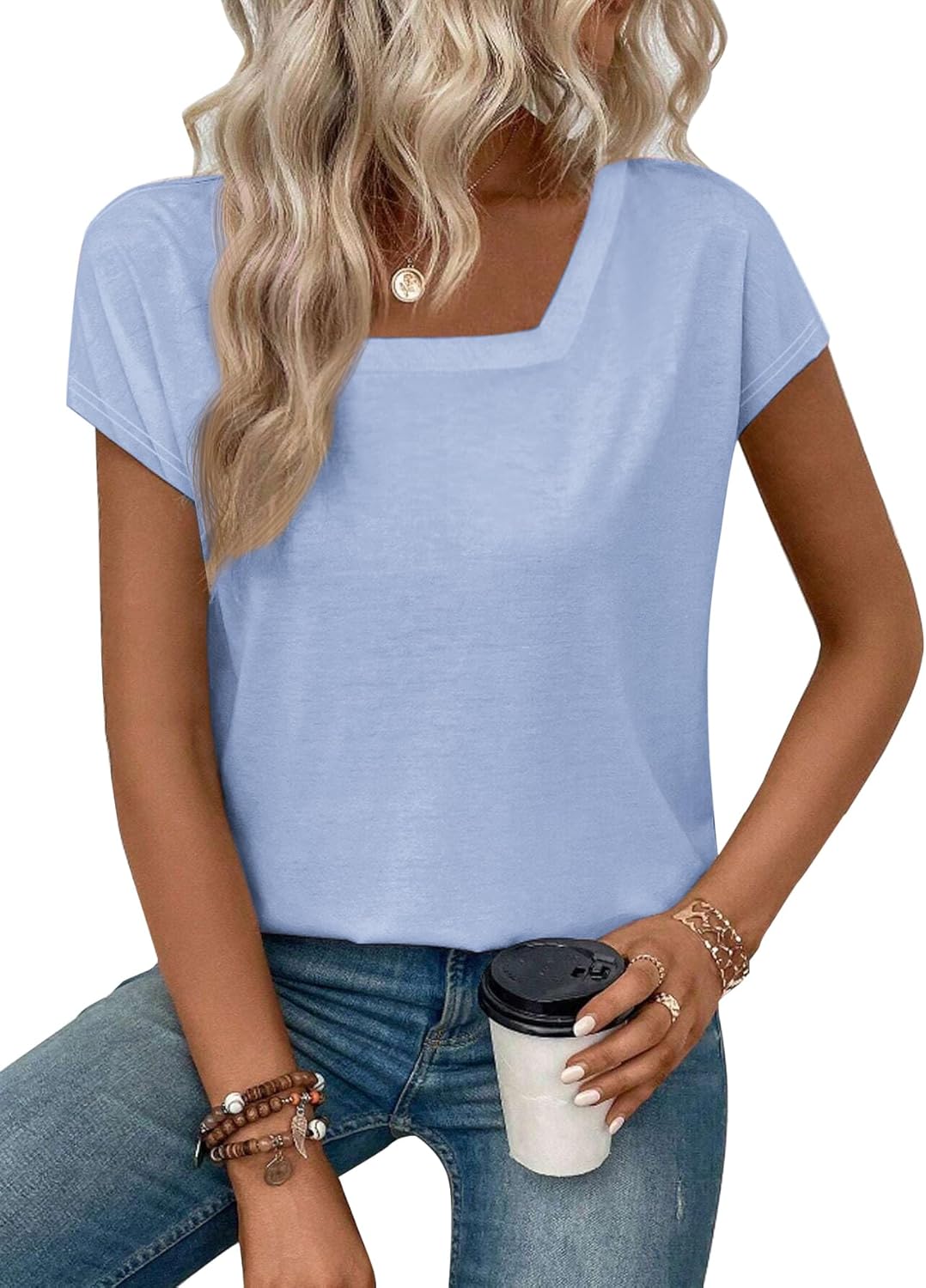 Womens Square Neck T Shirts Short Sleeve Summer Tops Casual Basic Tee Shirt 2025 Trendy Fashion Clothes - Image 3