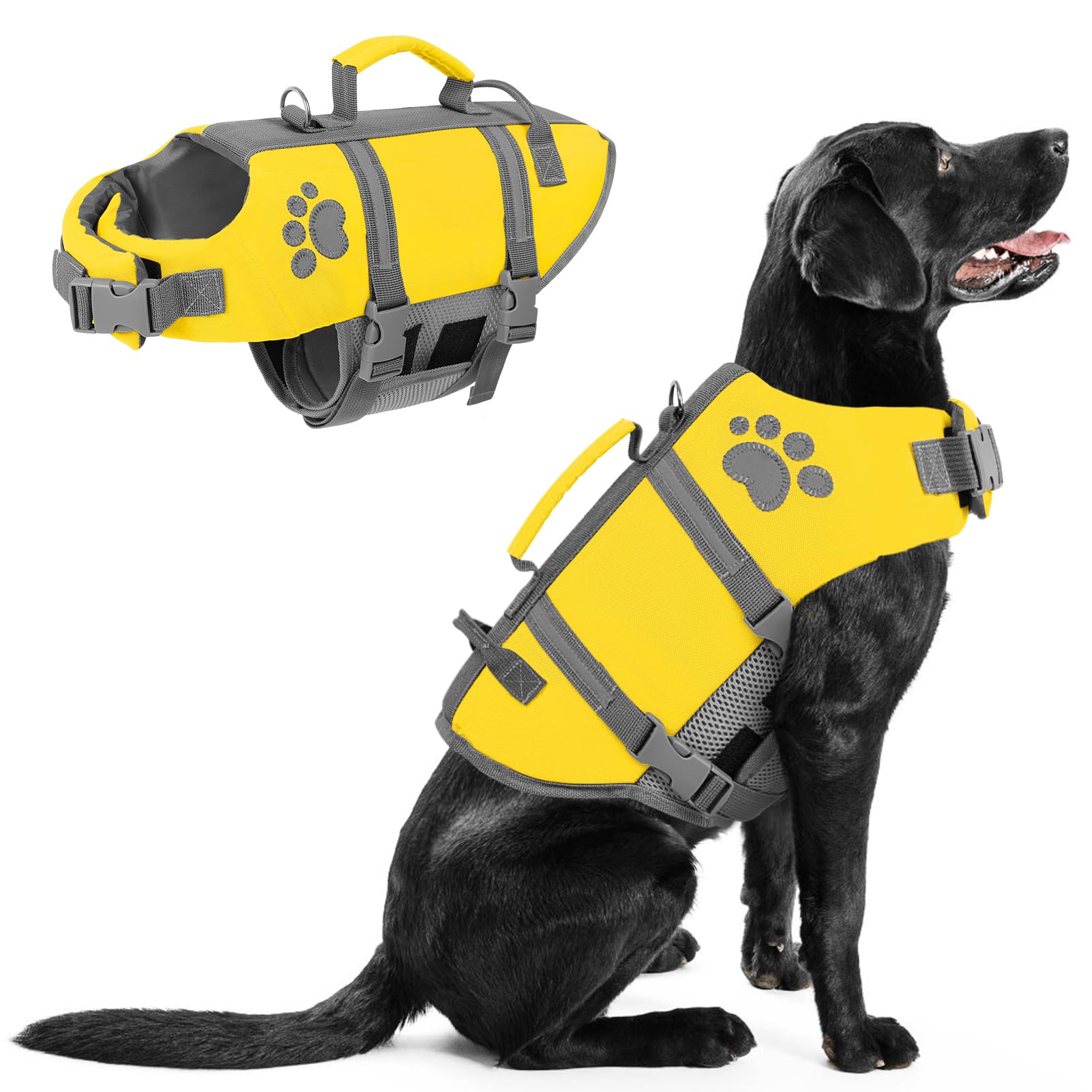 Queenmore Salvagente Cane Taglia Grande Giubbotto Salvataggio Xxl, Leggero, Regolabile, Riflettente, Giubbotto Salvagente Per Cani Grandi, Piscina Cani Accessori, Giallo, 2XL