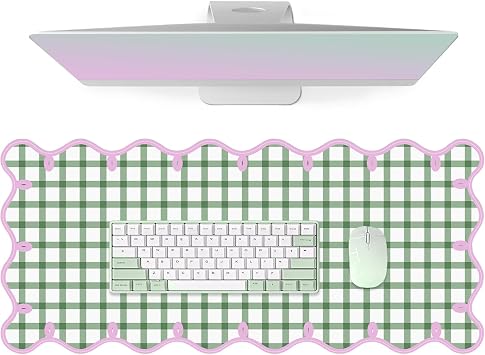 Leather Desk Pad, Desk Mat Mouse Pad, Non-Slip Mousepad Waterproof PU Table Blotter for Computer Laptop Extra Large Keyboard Mat for Women Girl Office Home Dorm, Pink Scalloped +Dark Green Checkered