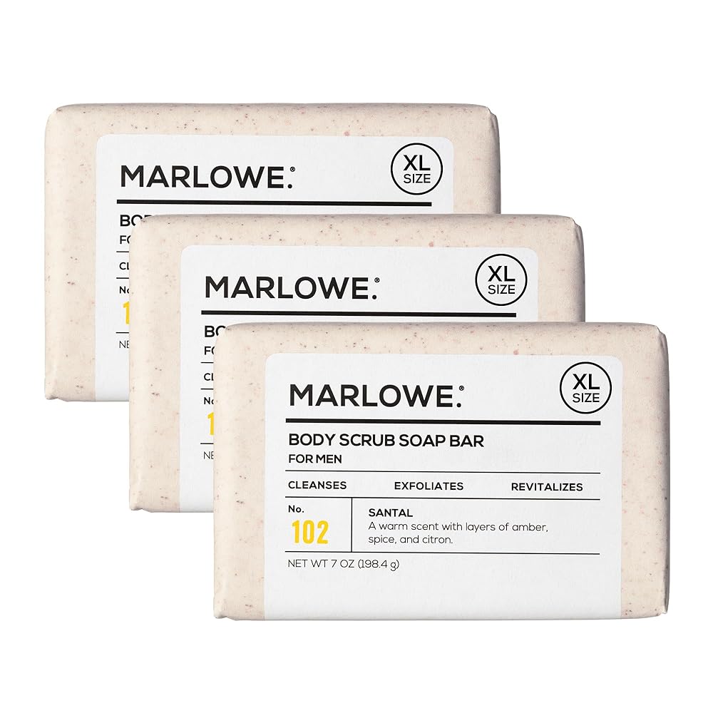 MARLOWE. No. 102 Body Scrub Soap 7 oz (3 Bars), Santal, Exfoliating Soap Bar with Shea Butter, Olive Oil & Green Tea Extracts, Cleanses, Smooths & Revitalizes Skin, Warm Amber, Spice & Citron Scent