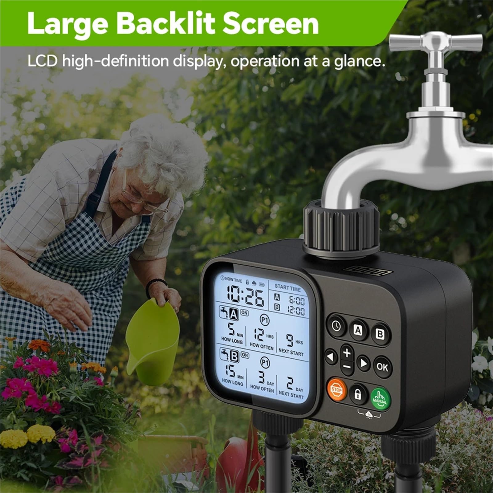 Timer per l'irrigazione, Intelligente timer for irrigazione a 2 uscite con display LCD retroilluminato sensore pioggia for di irrigazione automatica for giardino esterno