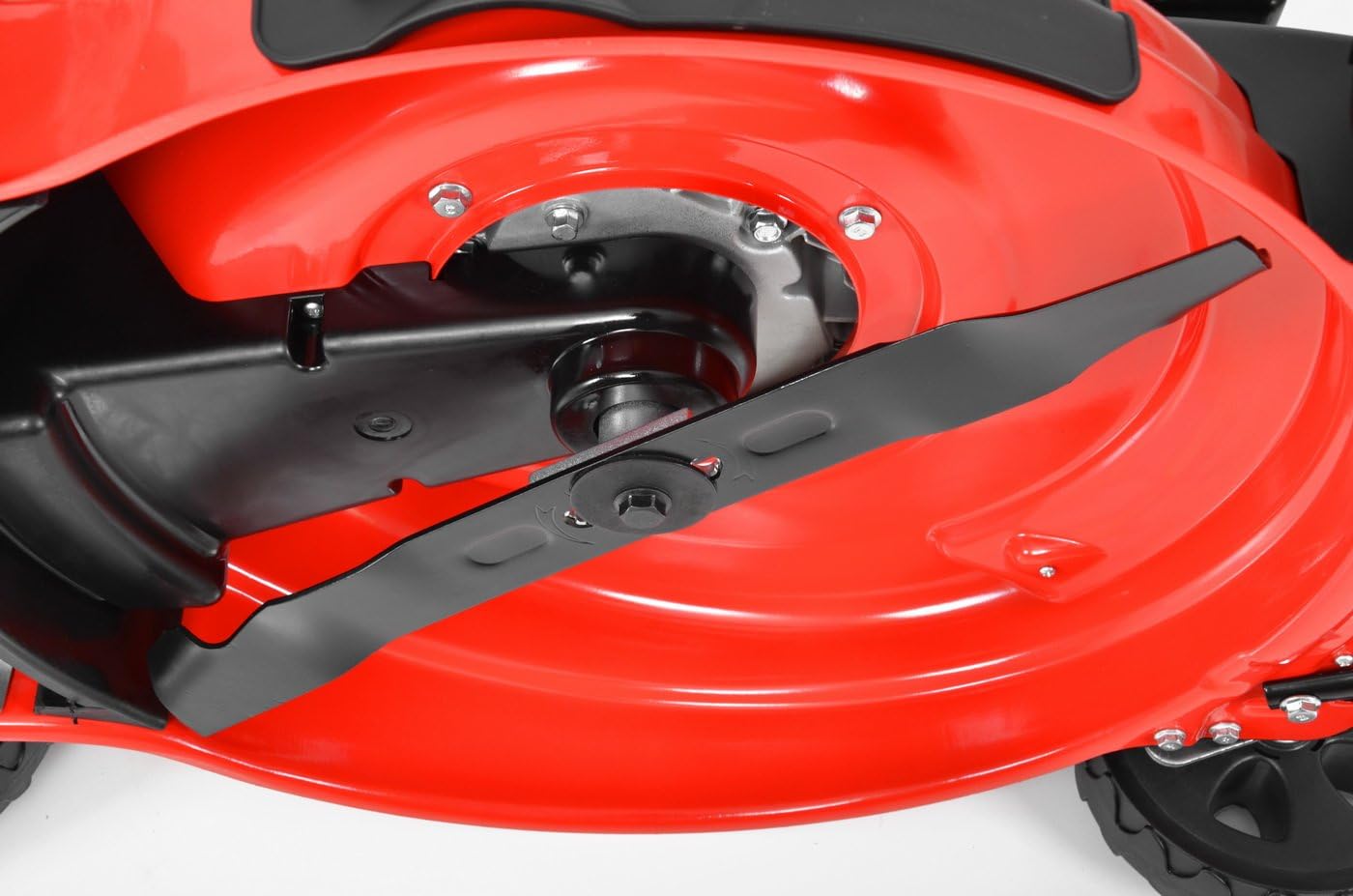 Underside view of the lawnmower deck and blade