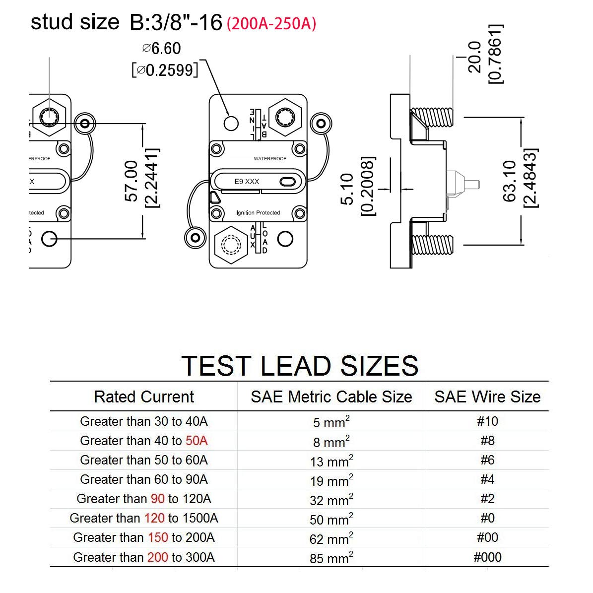 Hi-Amp E9 T3 250A 3/8" Studs Circuit Breaker with Manual Reset 12V - 48V DC | Waterproof IP67,Surface Mount, 250 Amp Switchable