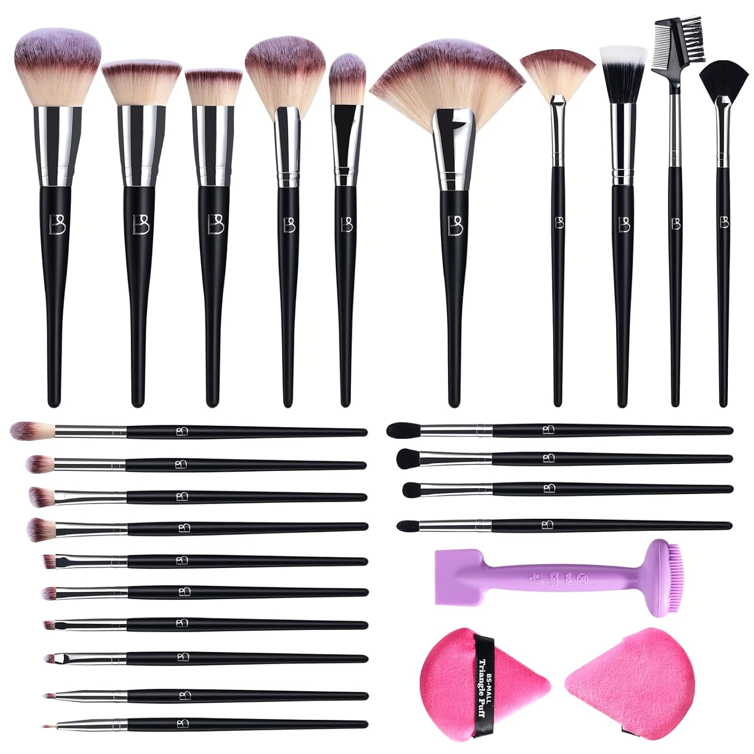 BS-MALL Professional Makeup Brush Set – 24-Piece Detailed Brush Set for Makeup Enthusiasts – Classic Black-Silver Design with Multi-functional Silicone Mask Brush and Triangular Puff