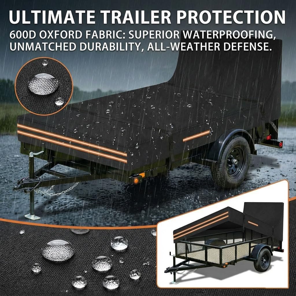 Utility Trailer Cover, 5 x 10 Utility Trailer Cover 600D Oxford Waterproof Windproof Heavy Duty Trailer Cover with Rear Ramp Gate, Fits Dump Trailer Tarp Fits 5 x 10FT (W x L)