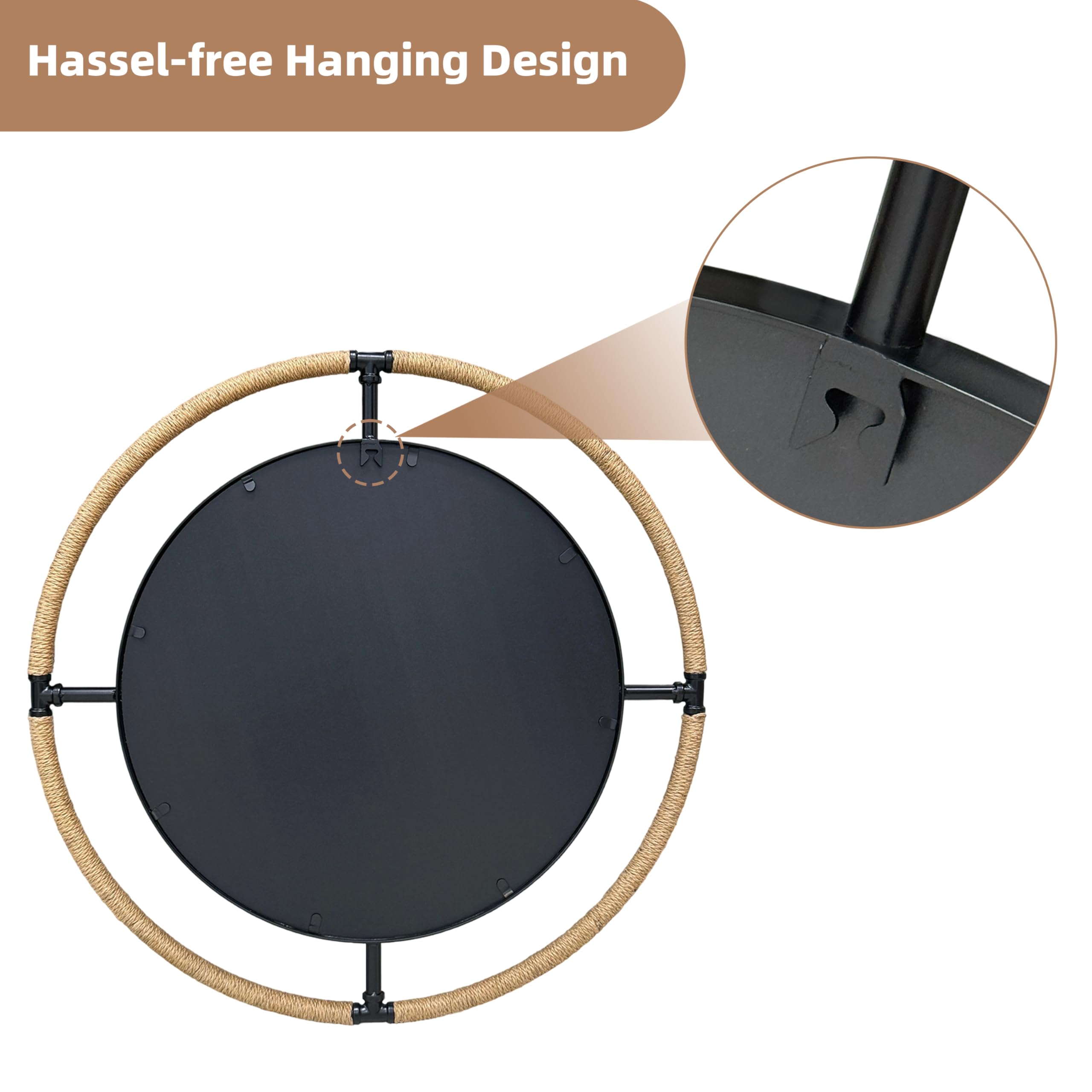 Espejo Recibidor Redondo 80x80cm, Espejos Decorativos de Pared con Cuerda de Yute Natural para Dormitorio y Salón, Espejo Baño con Marco de Hierro Antihumedad, Elegante con Diseño