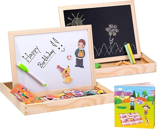 Play Brainy Juguetes magnéticos educativos de madera con caballete tabla de borrado en seco y personajes interactivos animales y piezas de juego