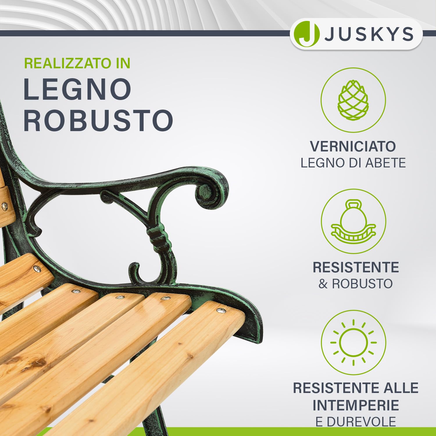 Juskys Panchina da giardino Pisa - Panchina in legno per 2 persone con braccioli e schienale - Resistente alle intemperie 122x54x73 cm - Elementi laterali in ghisa