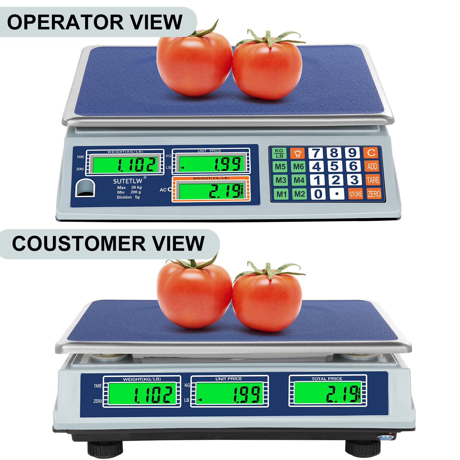 Balance de prix de 30 kg - Double écran LCD numérique avec plateforme en acier inoxydable - Rechargeable - Pour les marchés agricoles, les points de vente au détail, les magasins de viande