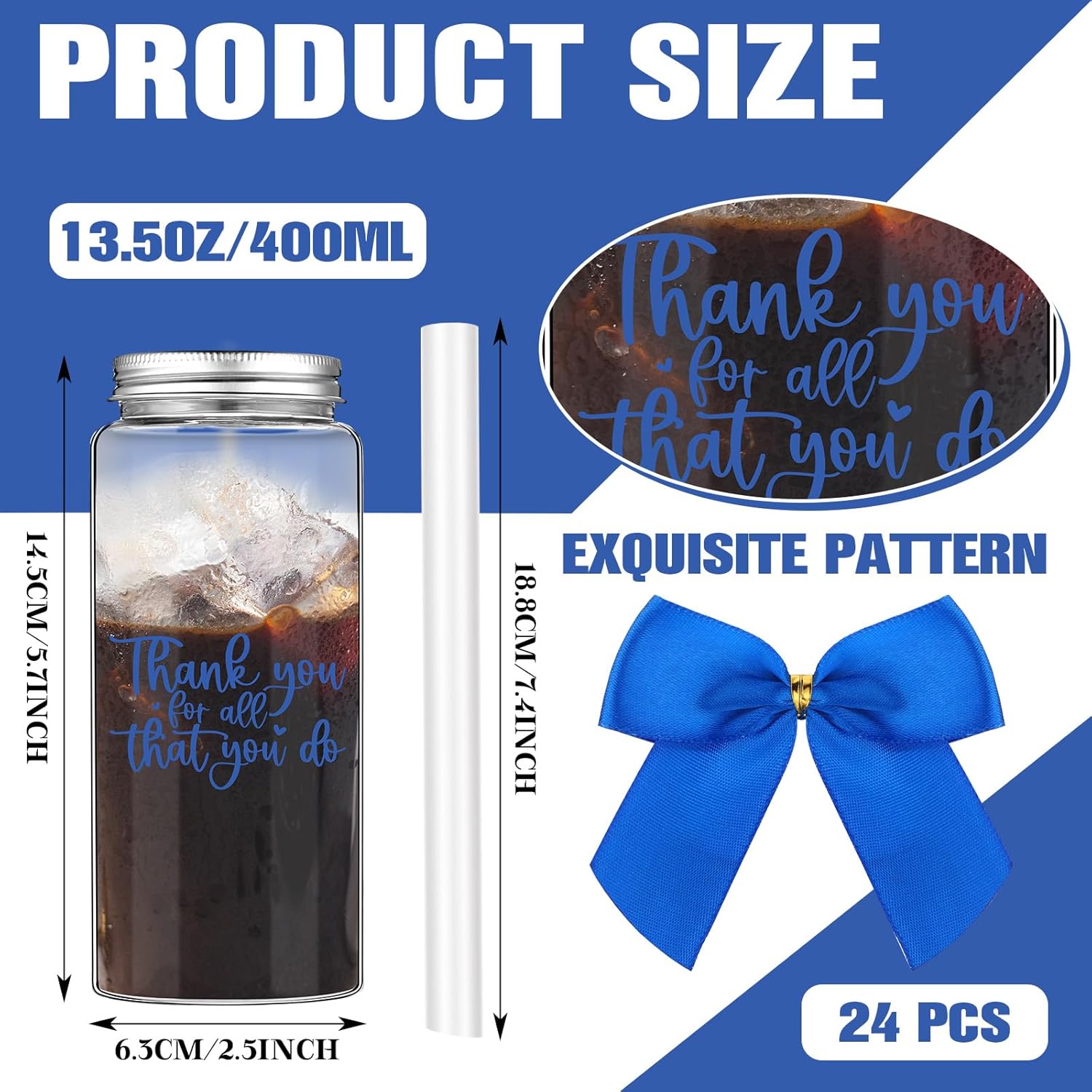 Skylety 24 Pack Employee Appreciation Gifts Bulk Thank You for All That You Do Gifts for Women Blue Employee Appreciation Cups with Straw Lid Bow 13.5 oz Plastic Tumbler for Coworker Staff - Image 3
