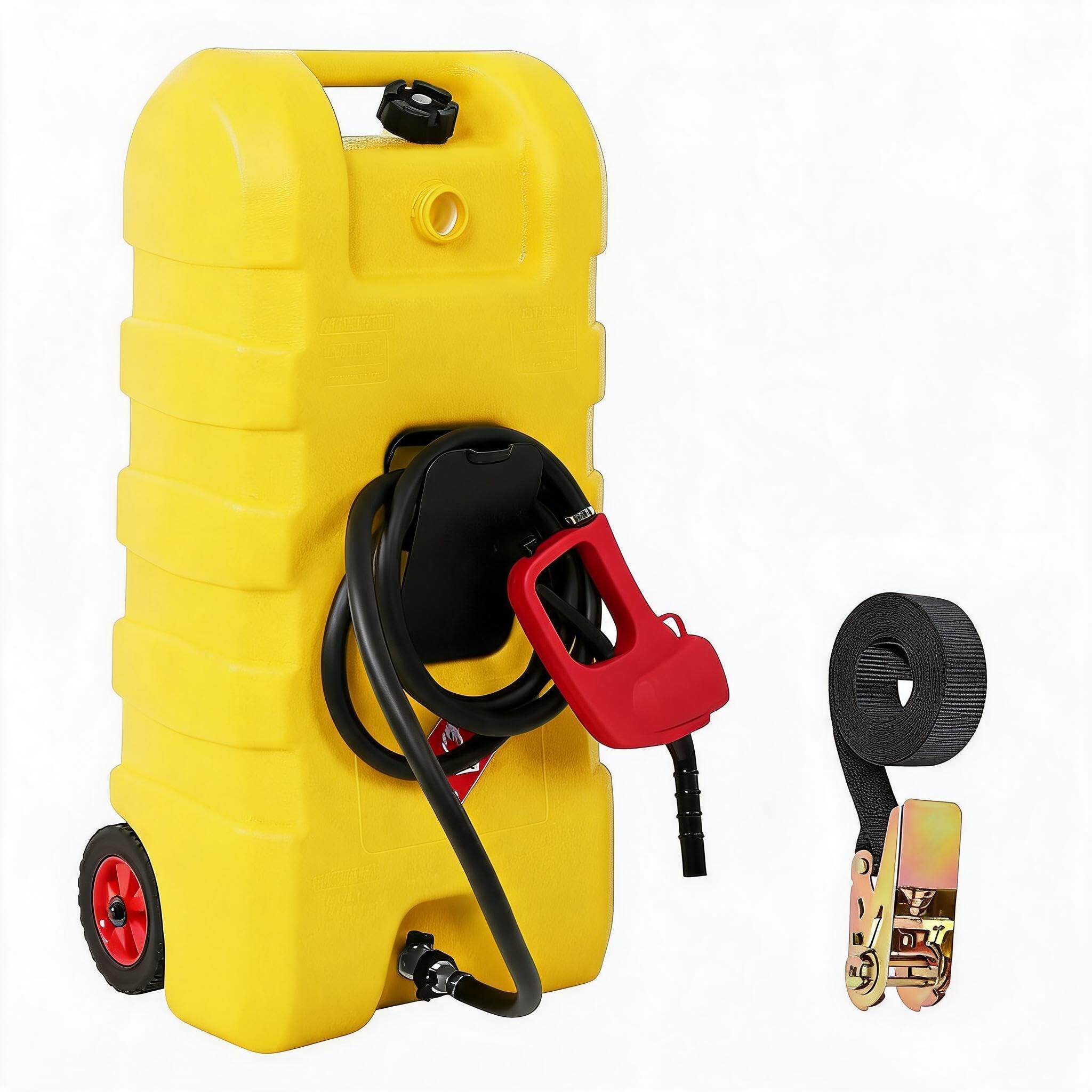 Portable 15 Gallon Gasoline & Fuel Fuel Caddy - Manual Siphon Pump, 10ft Hose, Wheeled Heavy-Duty Transfer Tank - Perfect for Cars, Lawnmowers, ATVs, Boats - Yellow